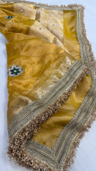 Cocktail wali saree - Metallic gold tissue silk heavy hand embroidered saree