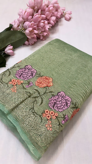 Damini apple green crushed tissue silk saree