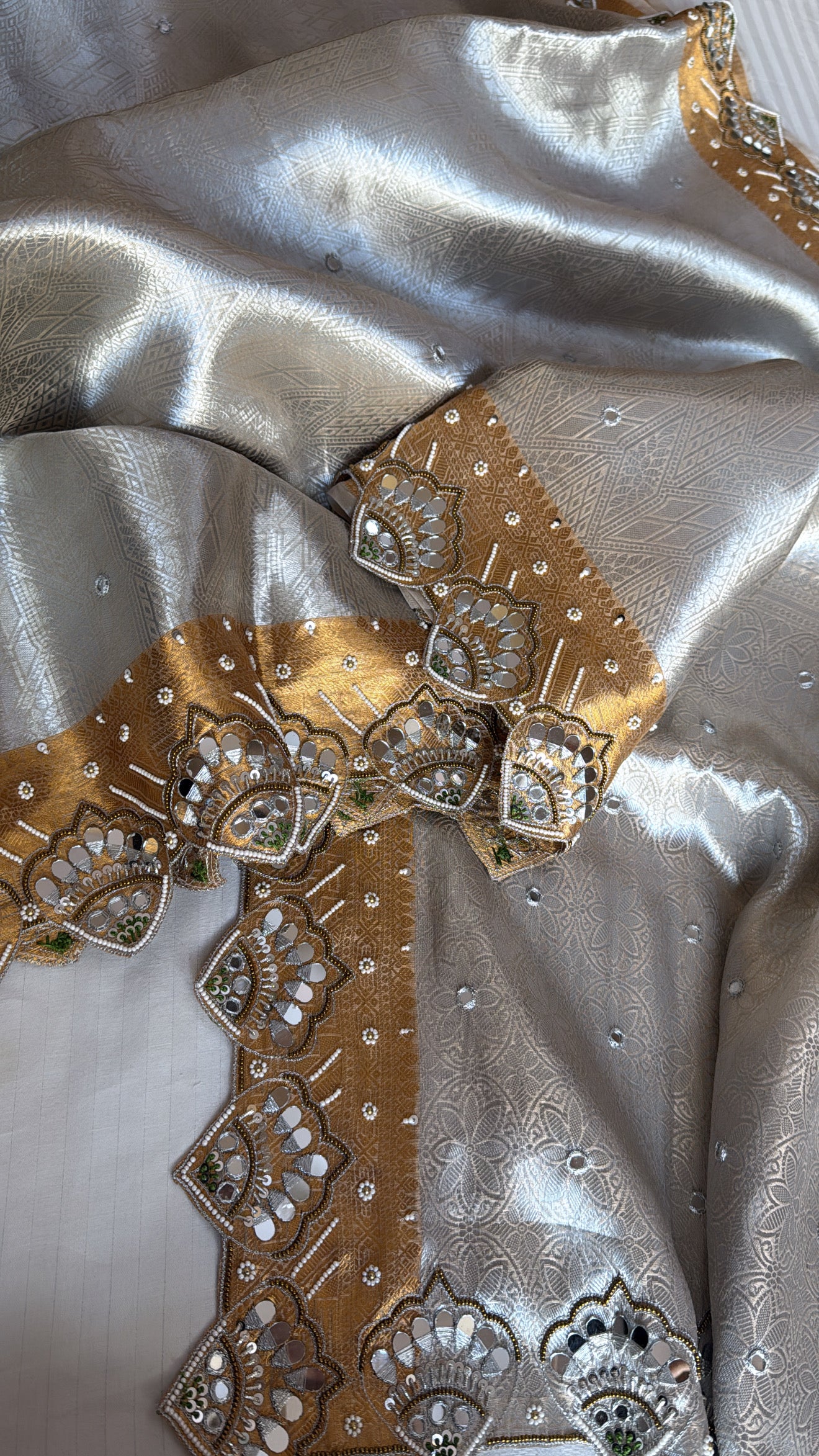 Kanjivaram inspired banarasi tissue silk sona rupa weaving zardozi and mirror work hand embroidered saree