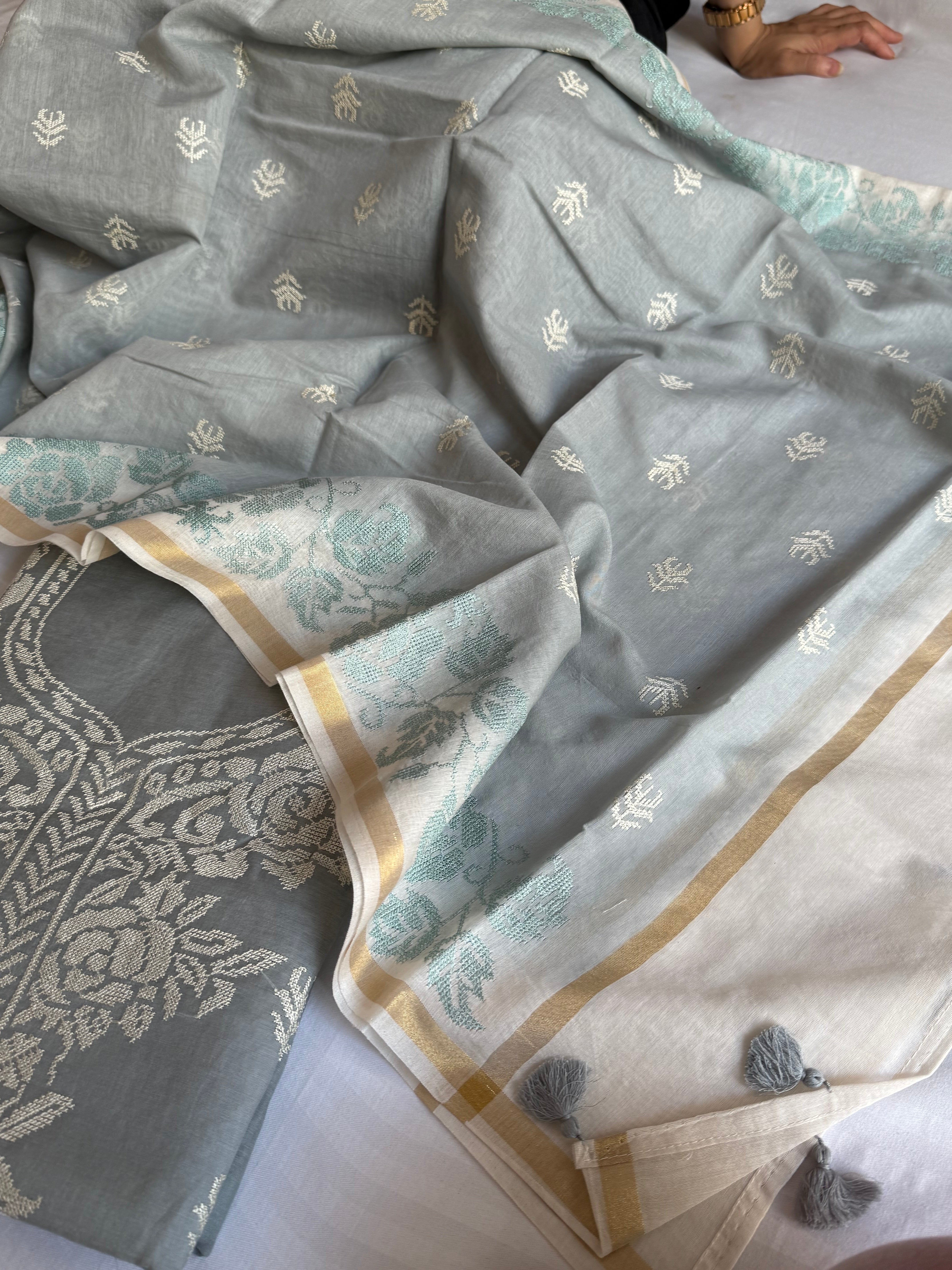 Steel grey mul cotton cross-stitch hand embroidered kadhwa suit set