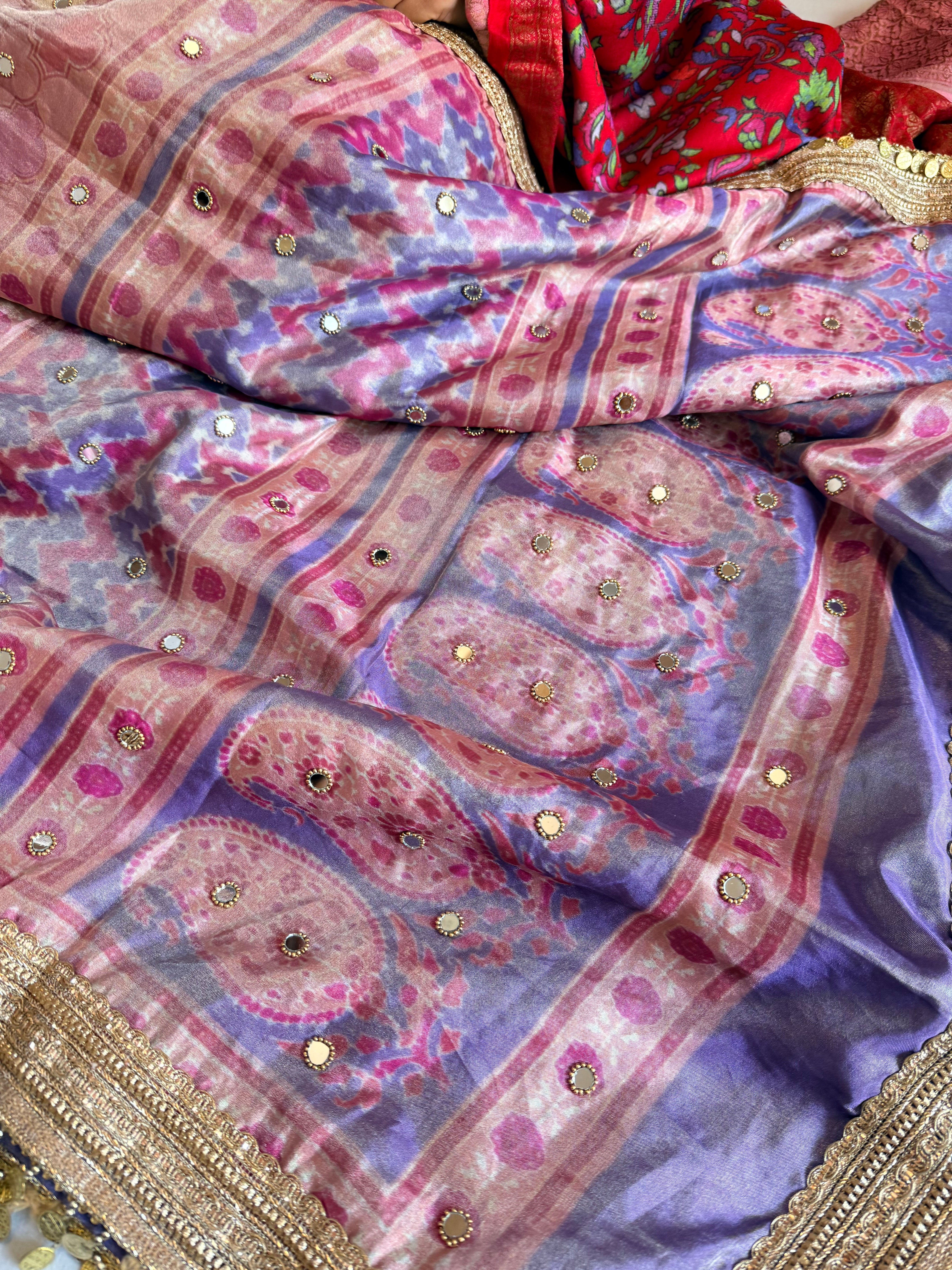 Printed tissue silk hand embroidered kadhwa gotapatti saree