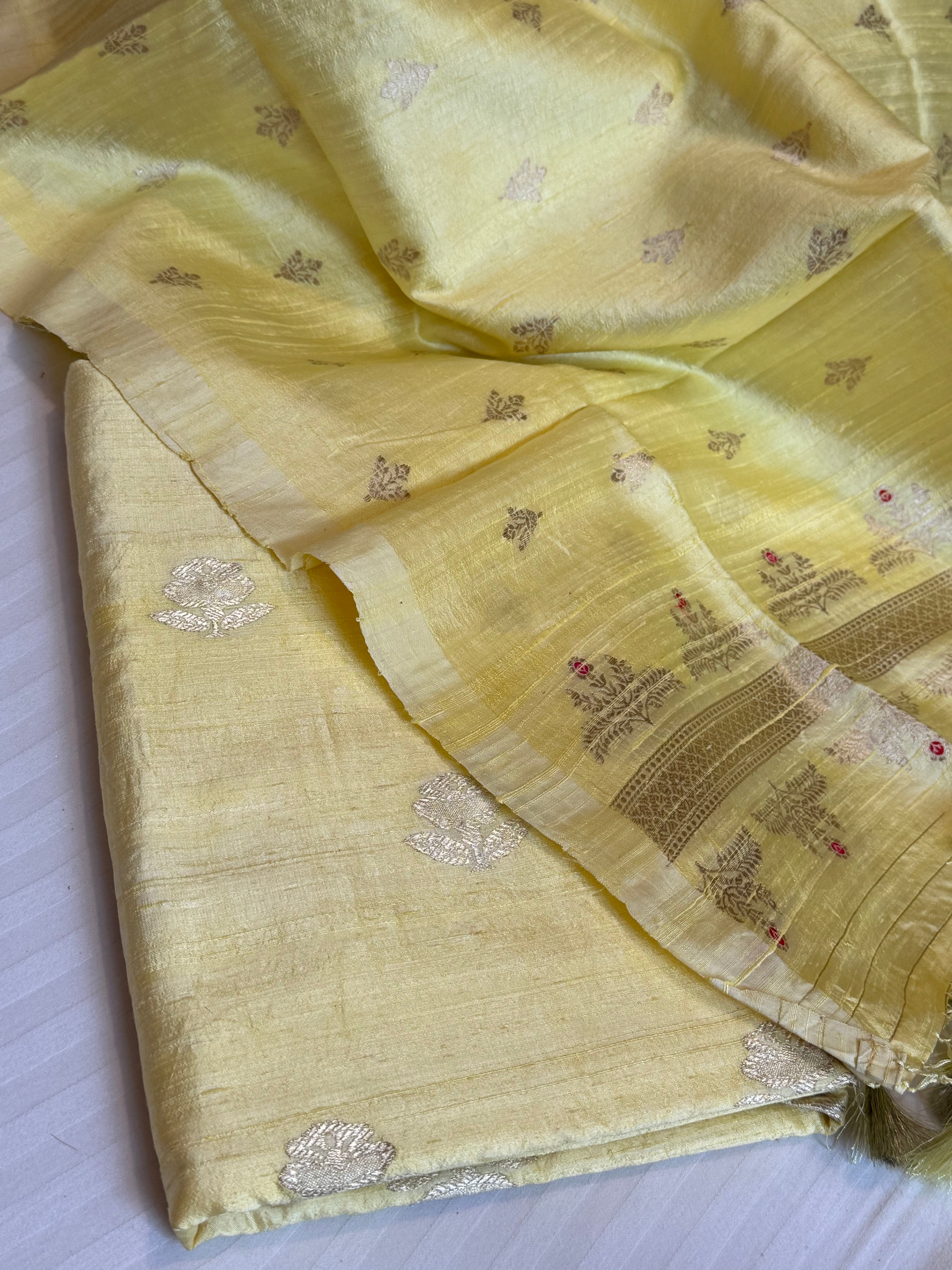 Lime yellow kadhwa raw silk meenakari banarasi suit sets