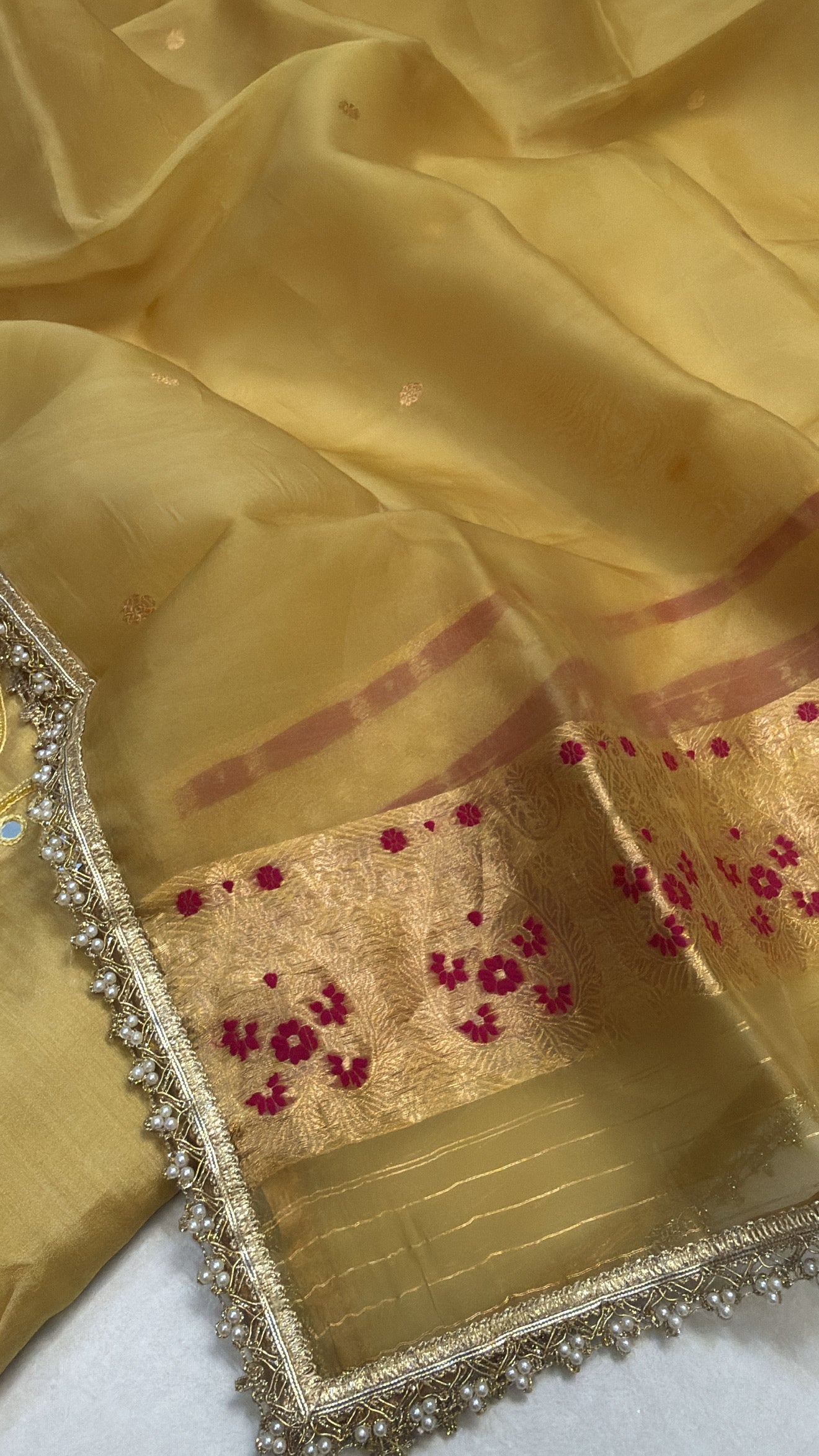 Olive gold chiniya silk kadhwa kurta paired with kora silk duppata set