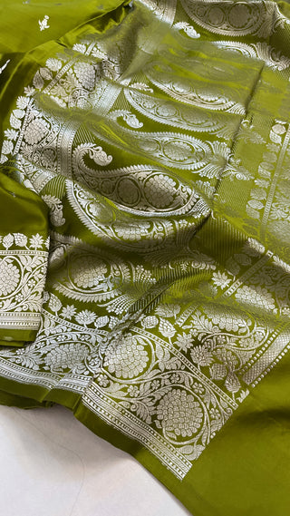 Mehendi green banarasi mashru silk kadhwa buti saree