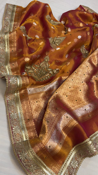 Dulhan wali saree - Orange pink dhup chao effect tissue silk hand embroidered saree