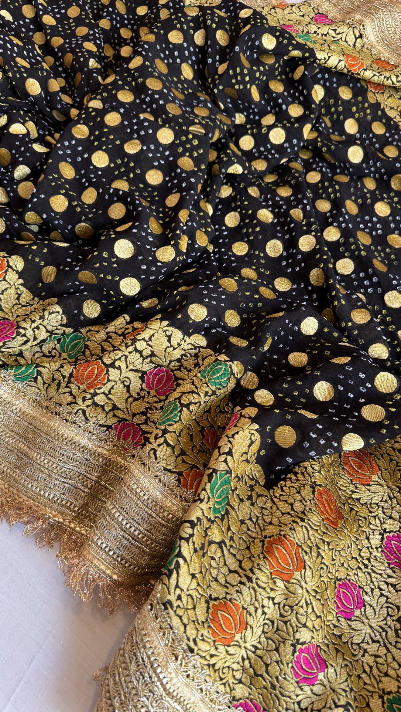 Black banarasi gorgette bandhej kadhwa meenakari saree