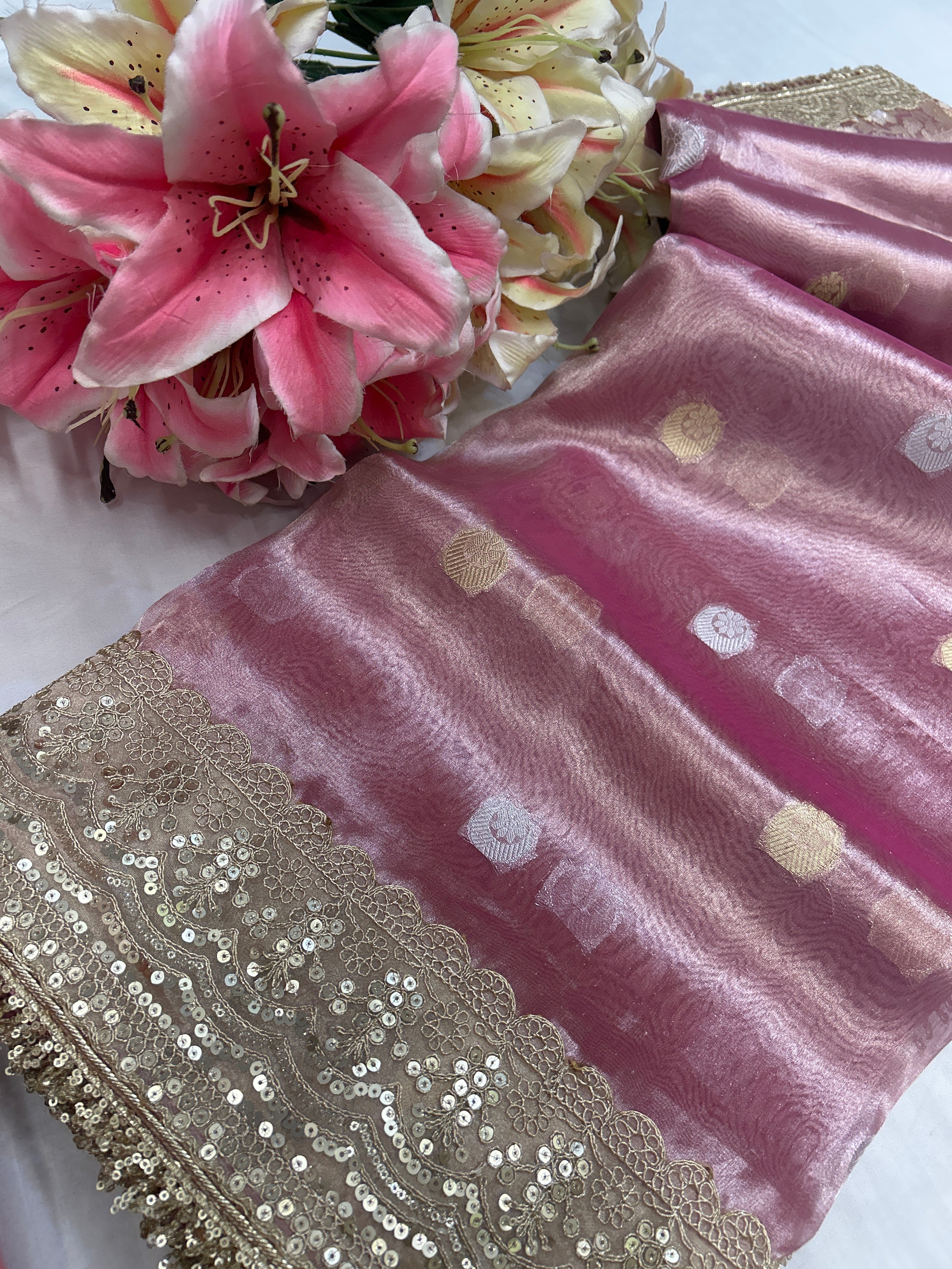Tissue silk dual tone chand buta sarees