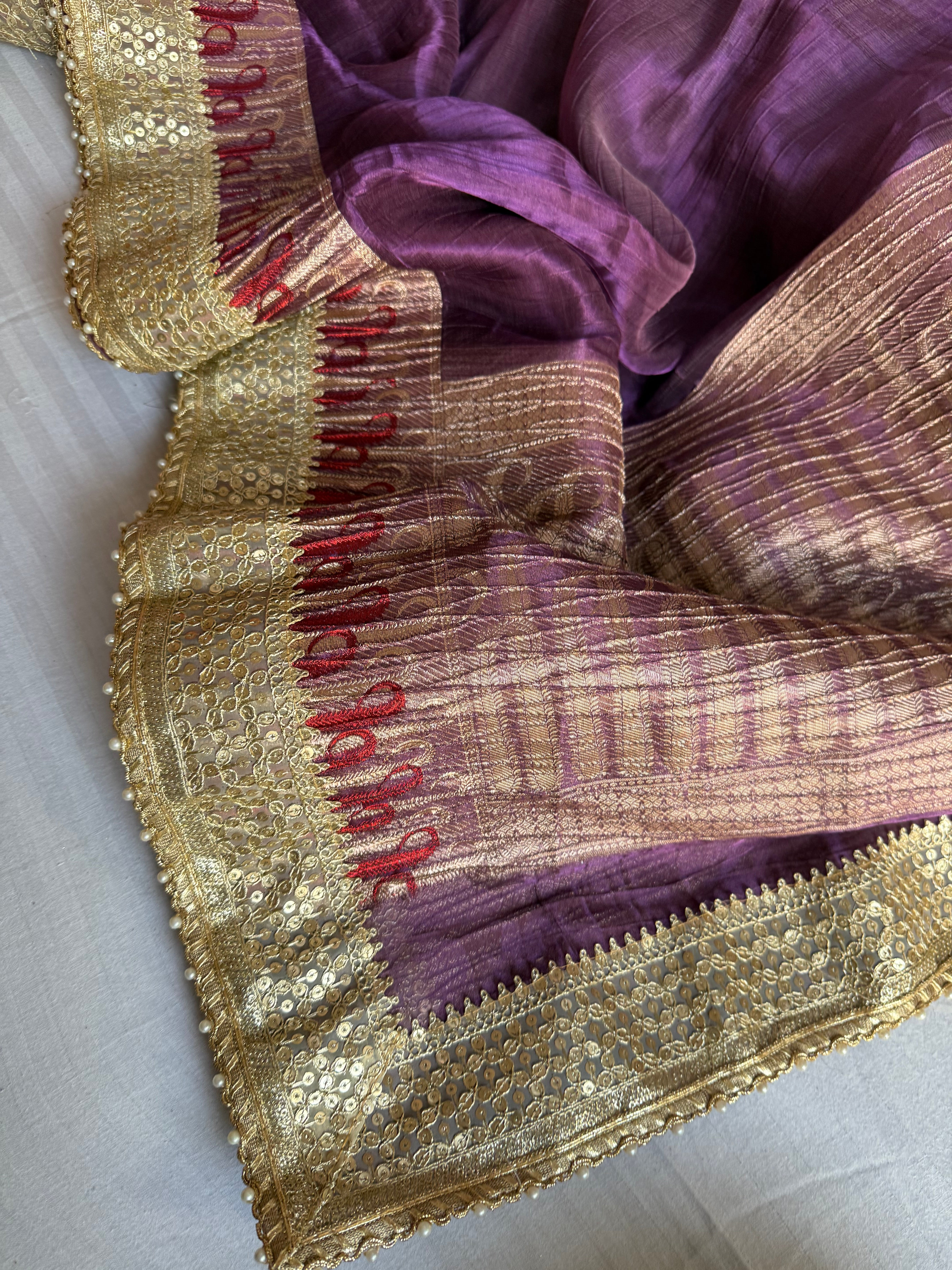 Midnight dhup chao purple pleated maharani tissue silk saree