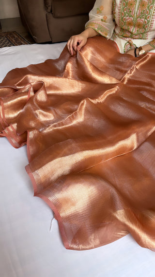 Fanta orange tissue silk brocade kadhwa saree