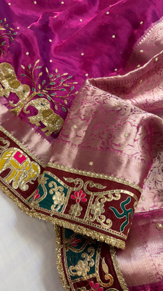 Husn shikargah edit magenta purple-pink tissue silk elephant motif hand embroidered saree