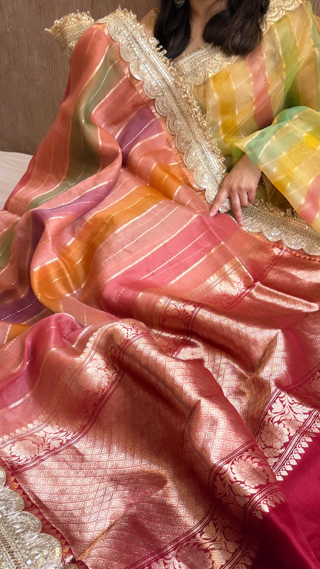 Rangeela kora silk rangkaat dye striped kadhwa banarasi saree