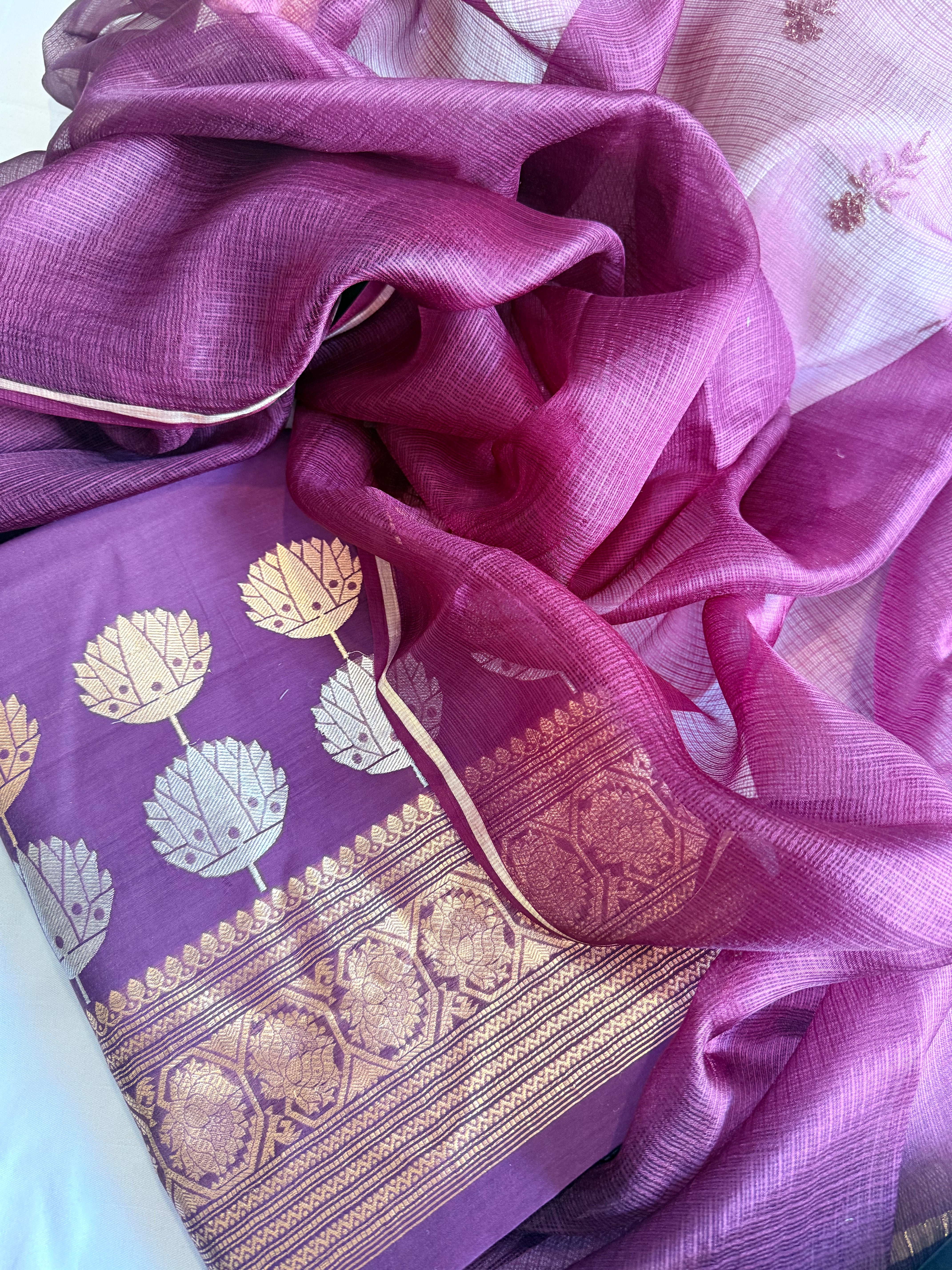 Plum purple mul cotton kadhwa buti kurta paired with kora silk net duppata set