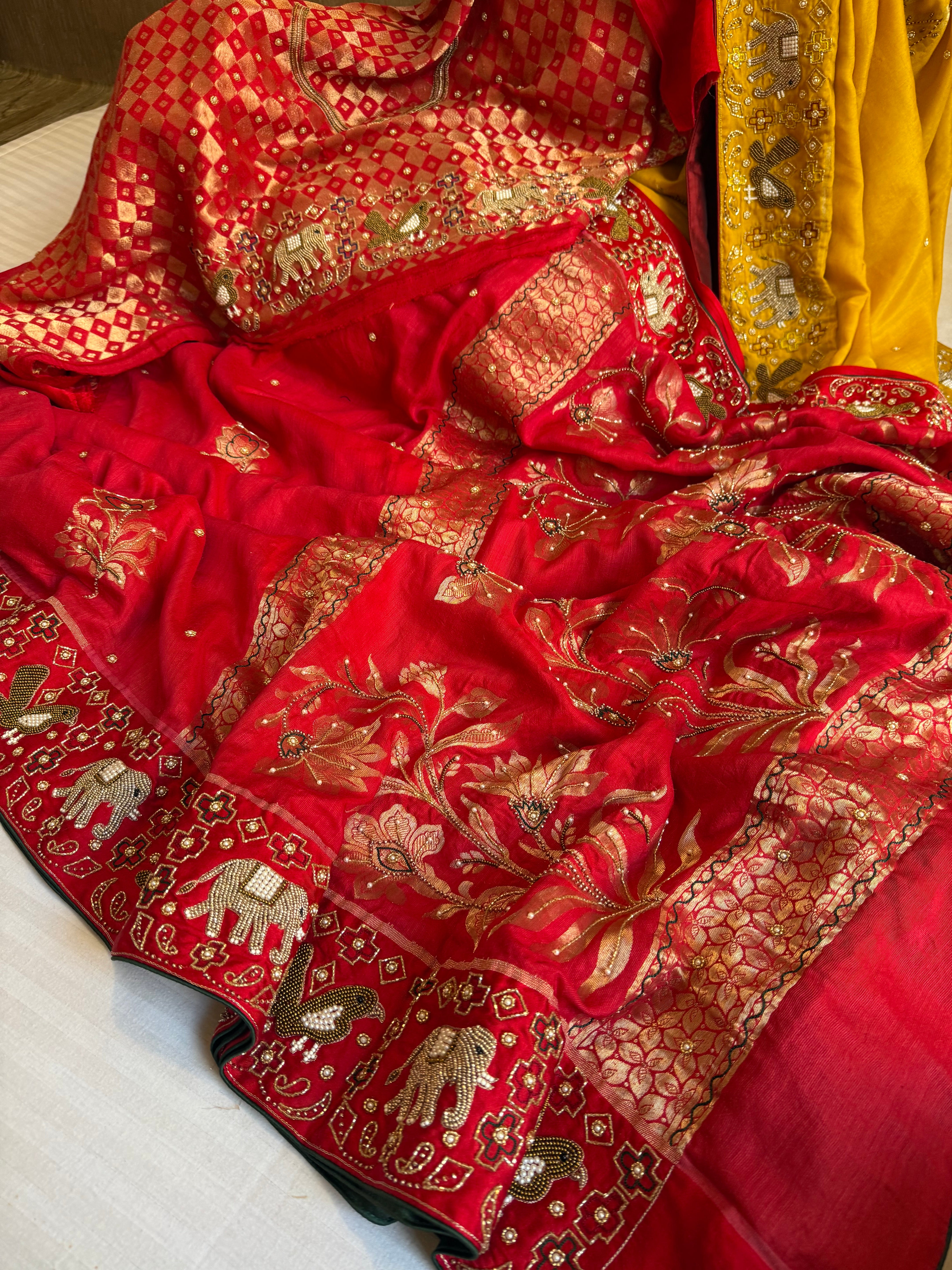 Moonga silk ikkat Patola weaving inspired hand embroidered kadhwa weaving saree