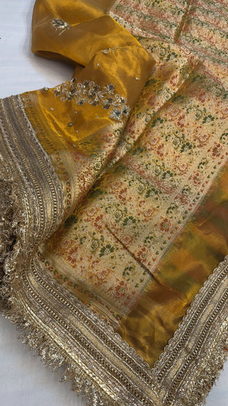 Husn mustard gold tissue silk heavy hand embroidered saree