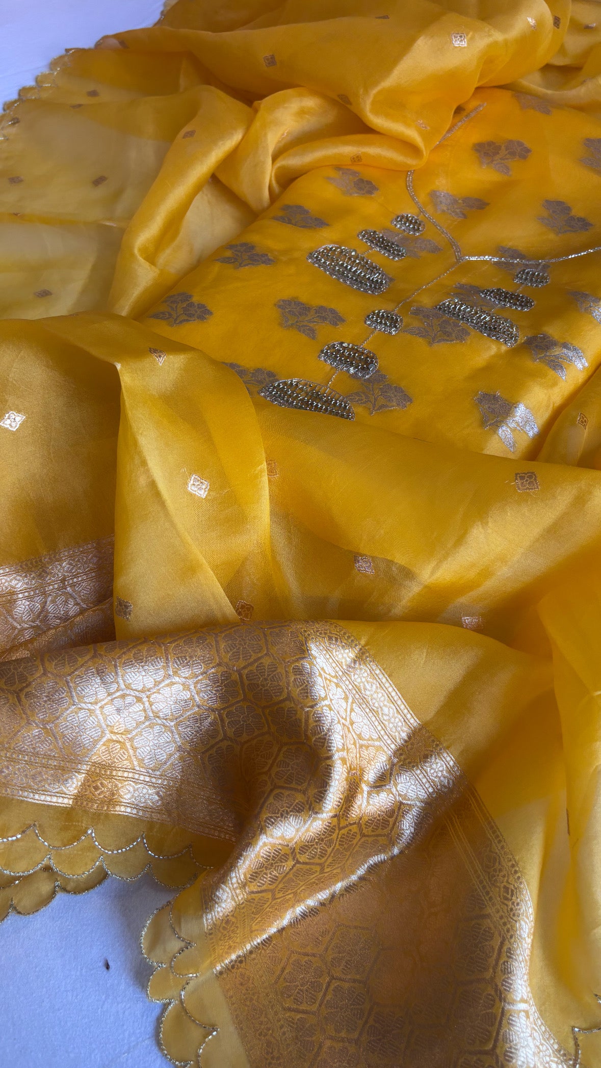 Banarasi “haldi ka din” kora silk hand embroidered kadhwa suit sets