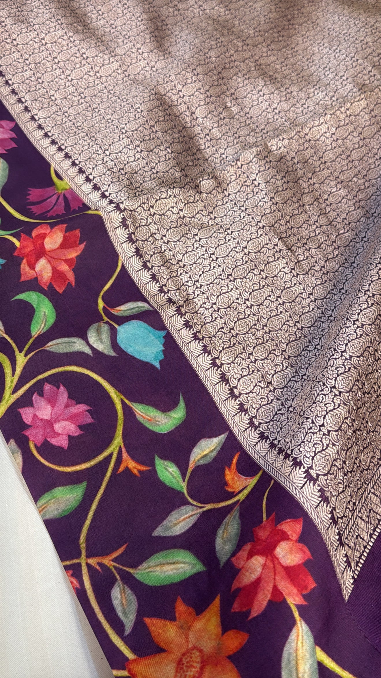 Wine banarasi brocade silk floral satin border kadhwa weaving saree