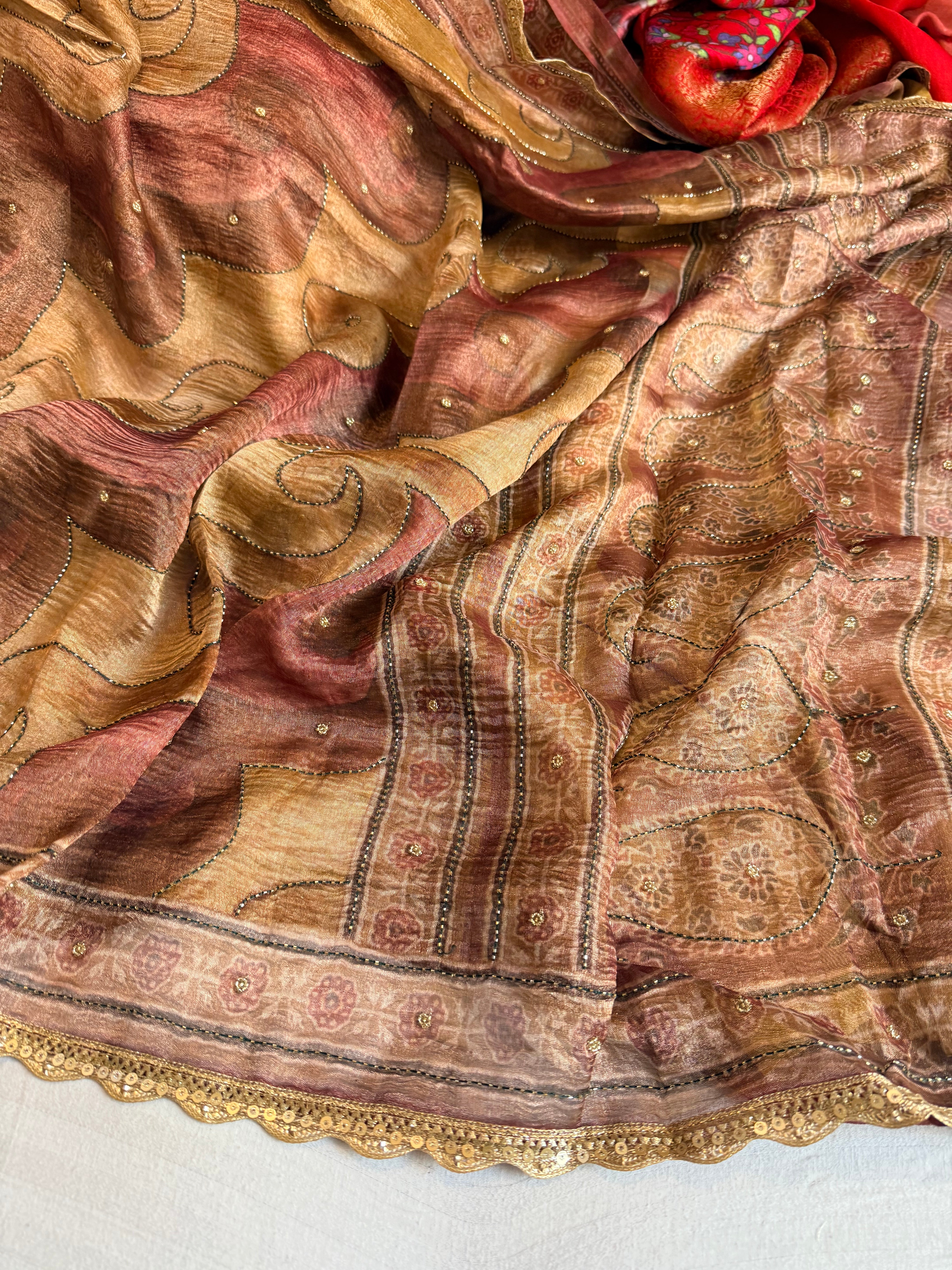 Printed tissue silk hand embroidered kadhwa gotapatti saree