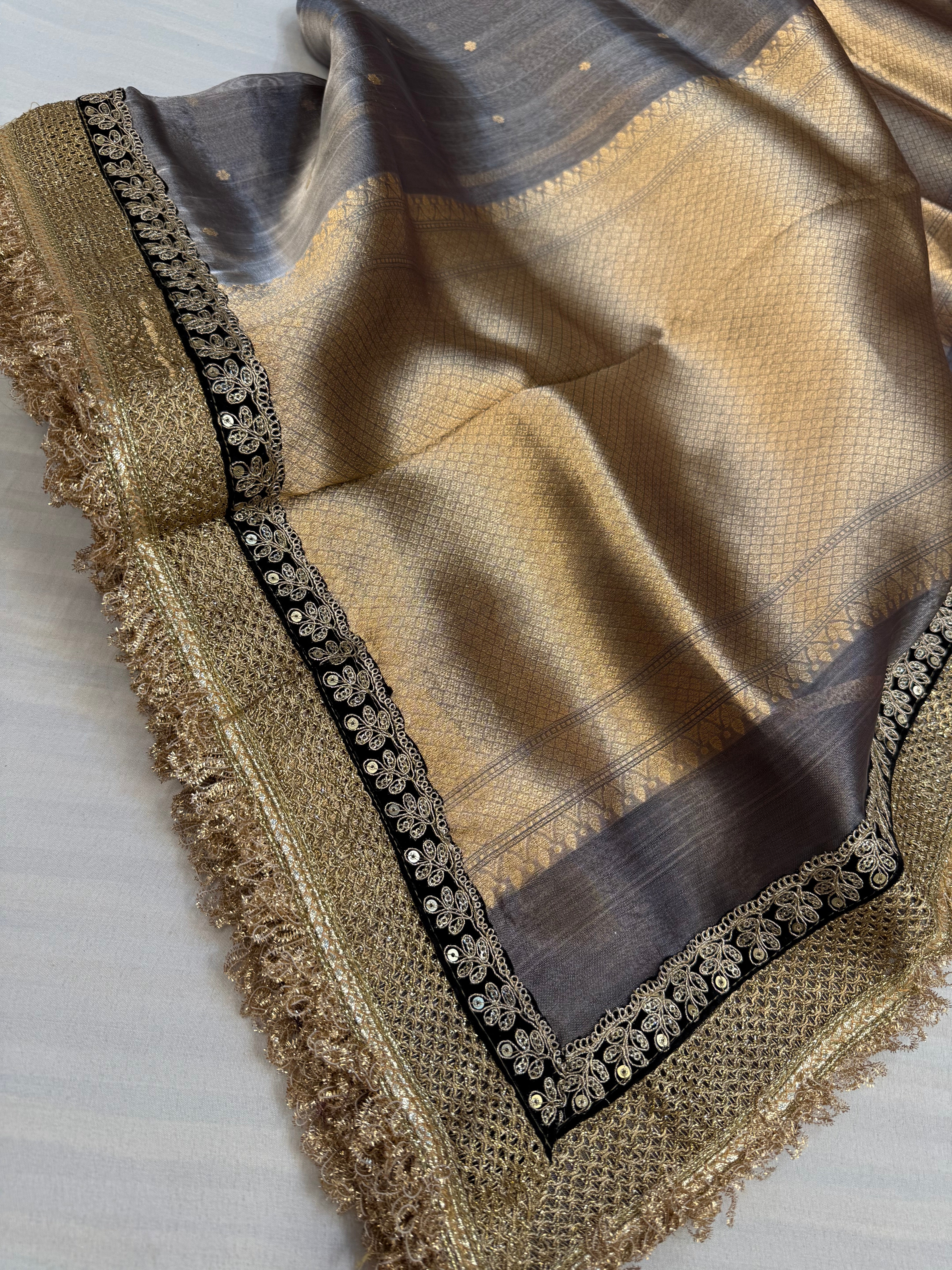 Metallic grey maharani tissue silk kadhwa buti saree