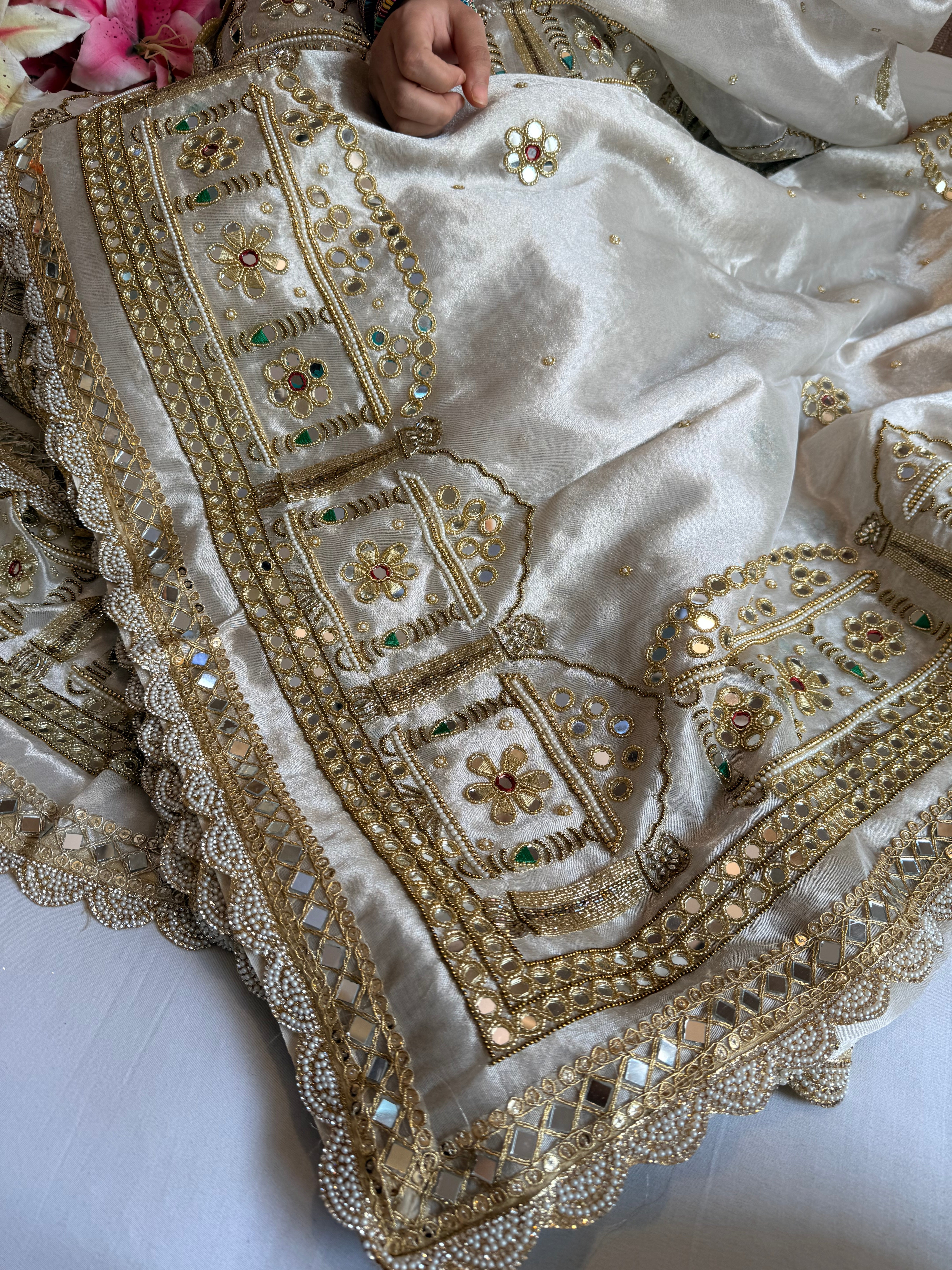 Hawamahal diamond tissue silk mirror work hand embroidered kadhwa saree