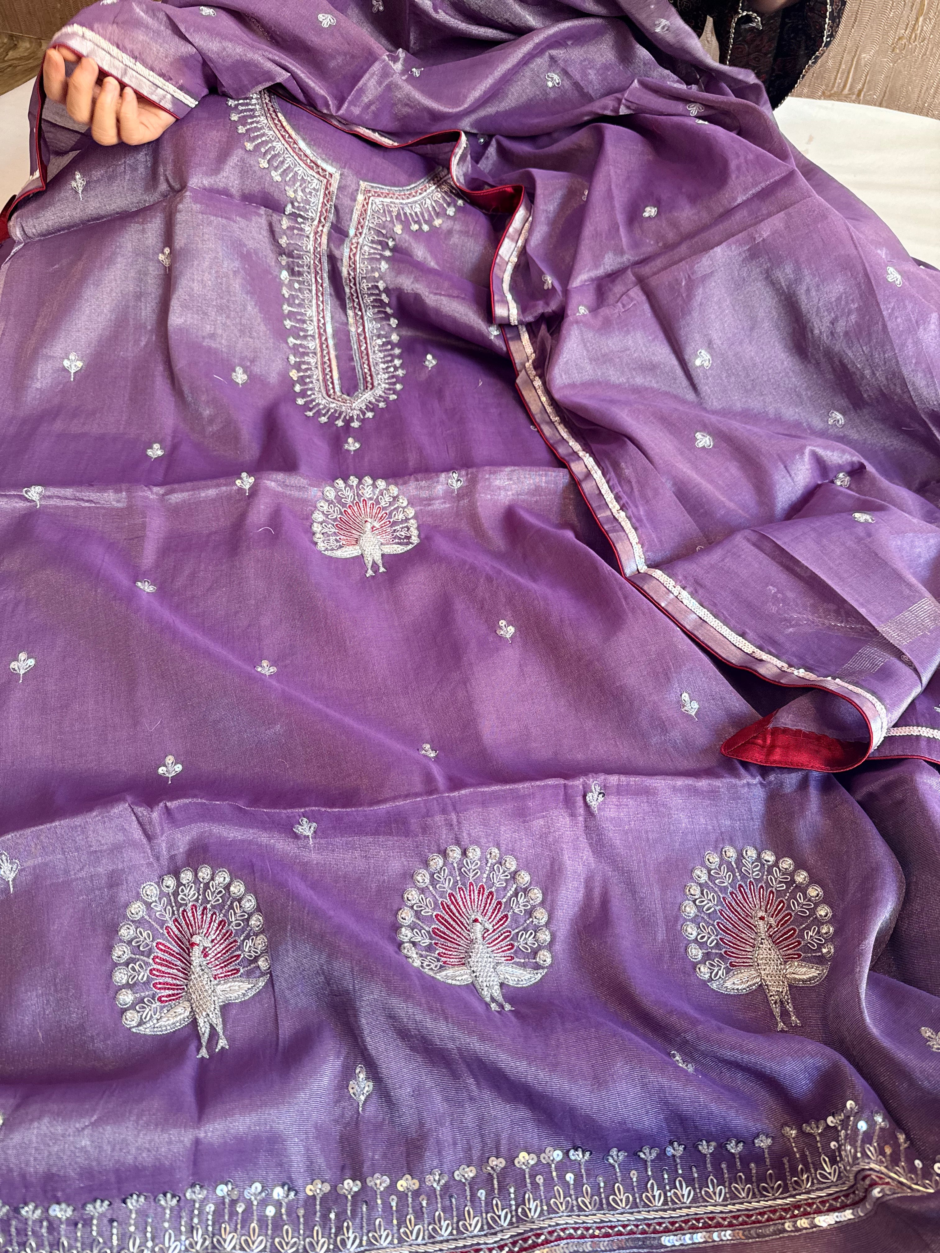Deep lavender mul cotton tissue silk hand embroidered suit set