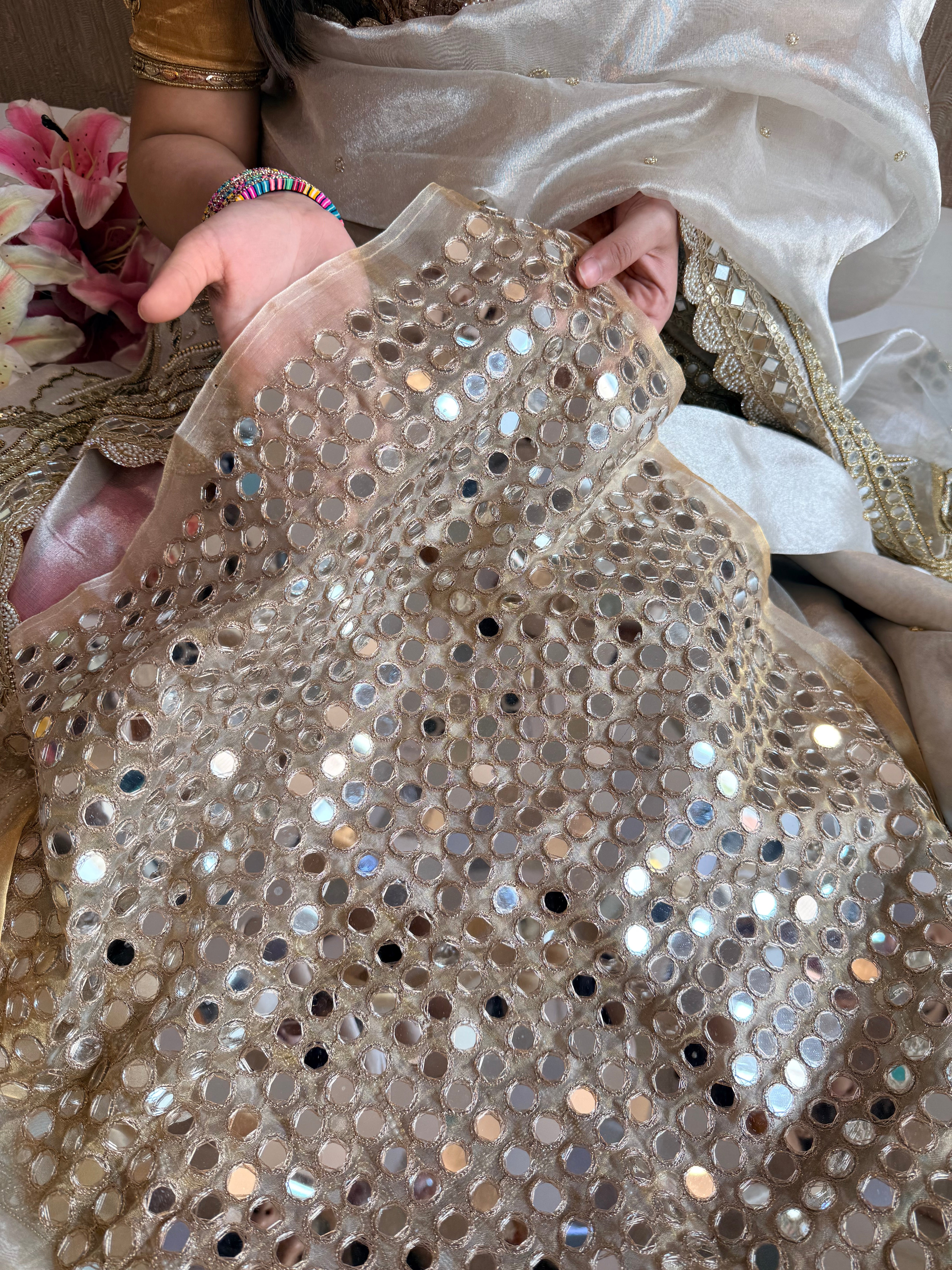 Sheeshmahal mirror work tissue golden blouse