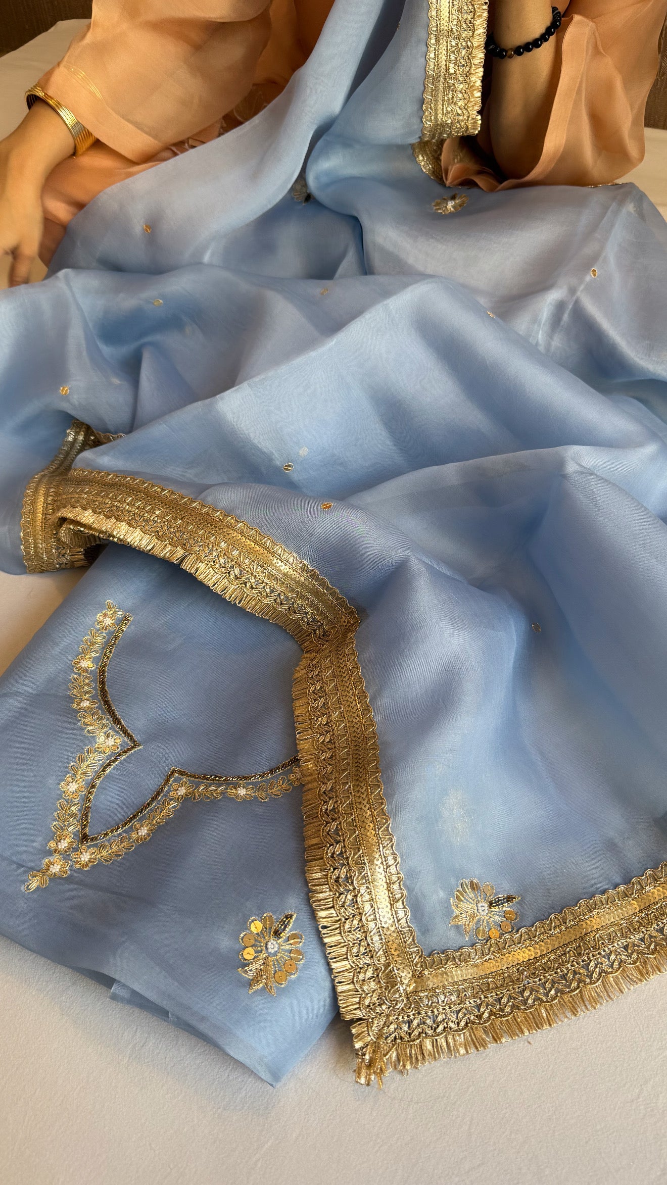 Aari and tilli hand embroidered kora silk water blue kadhwa suit set
