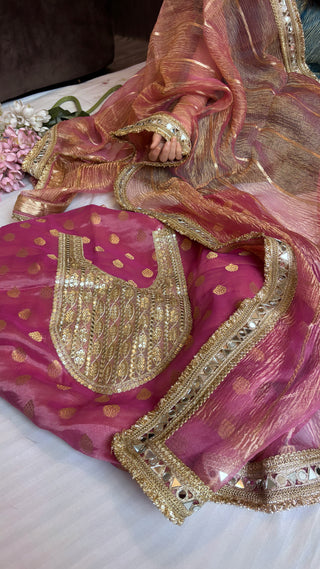 Hot pink heeramandi crushed tissue silk suit set