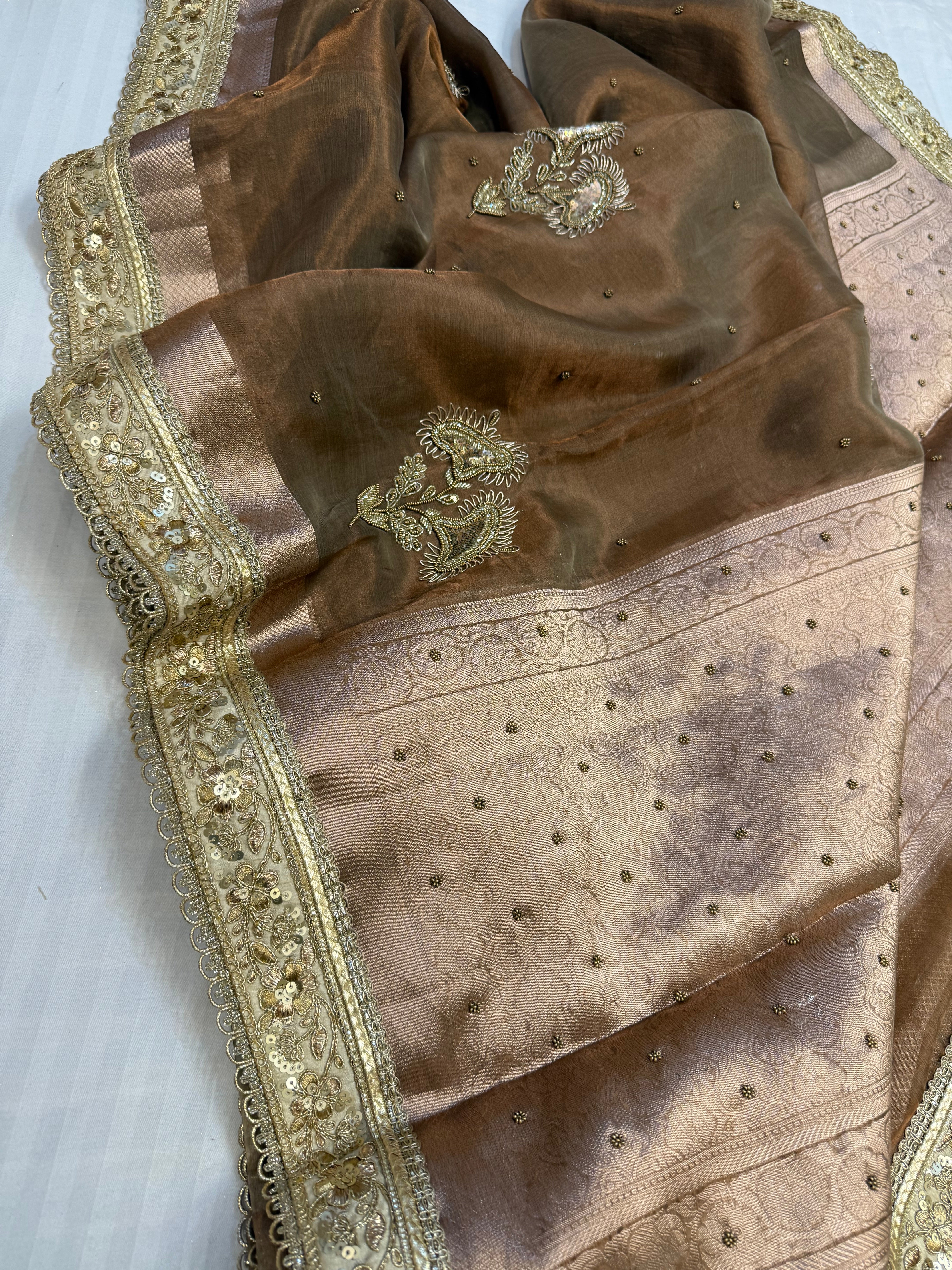 Cocktail wali saree - Dusty beige tissue silk heavy hand embroidered saree