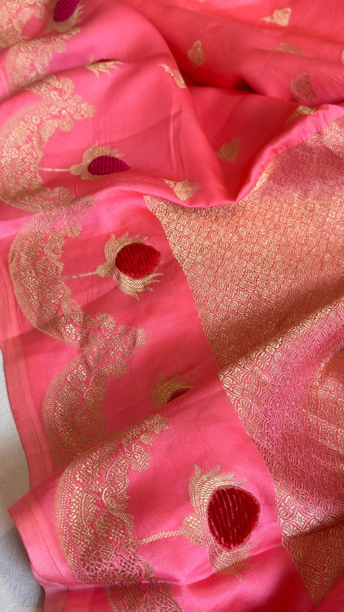 Banarasi peachy pink mashru silk heavy weaving kadhwa velvet hand embroidered saree