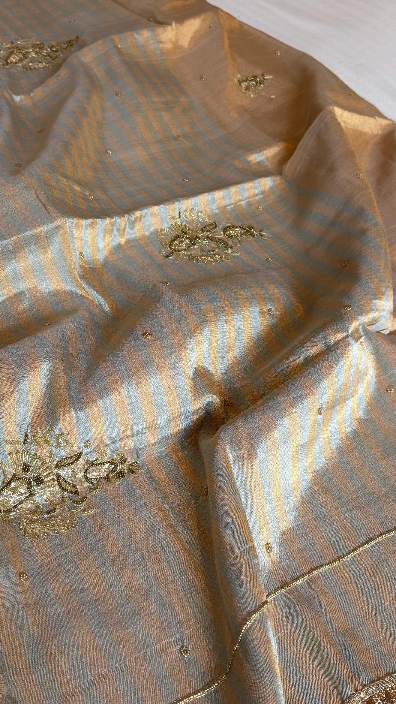 Golden satin tissue silk heavy hand embroidered kadhwa saree