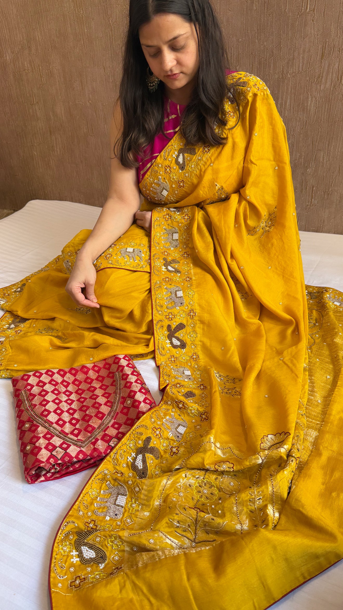 Moonga silk ikkat patola inspired hand embroidered kadhwa saree