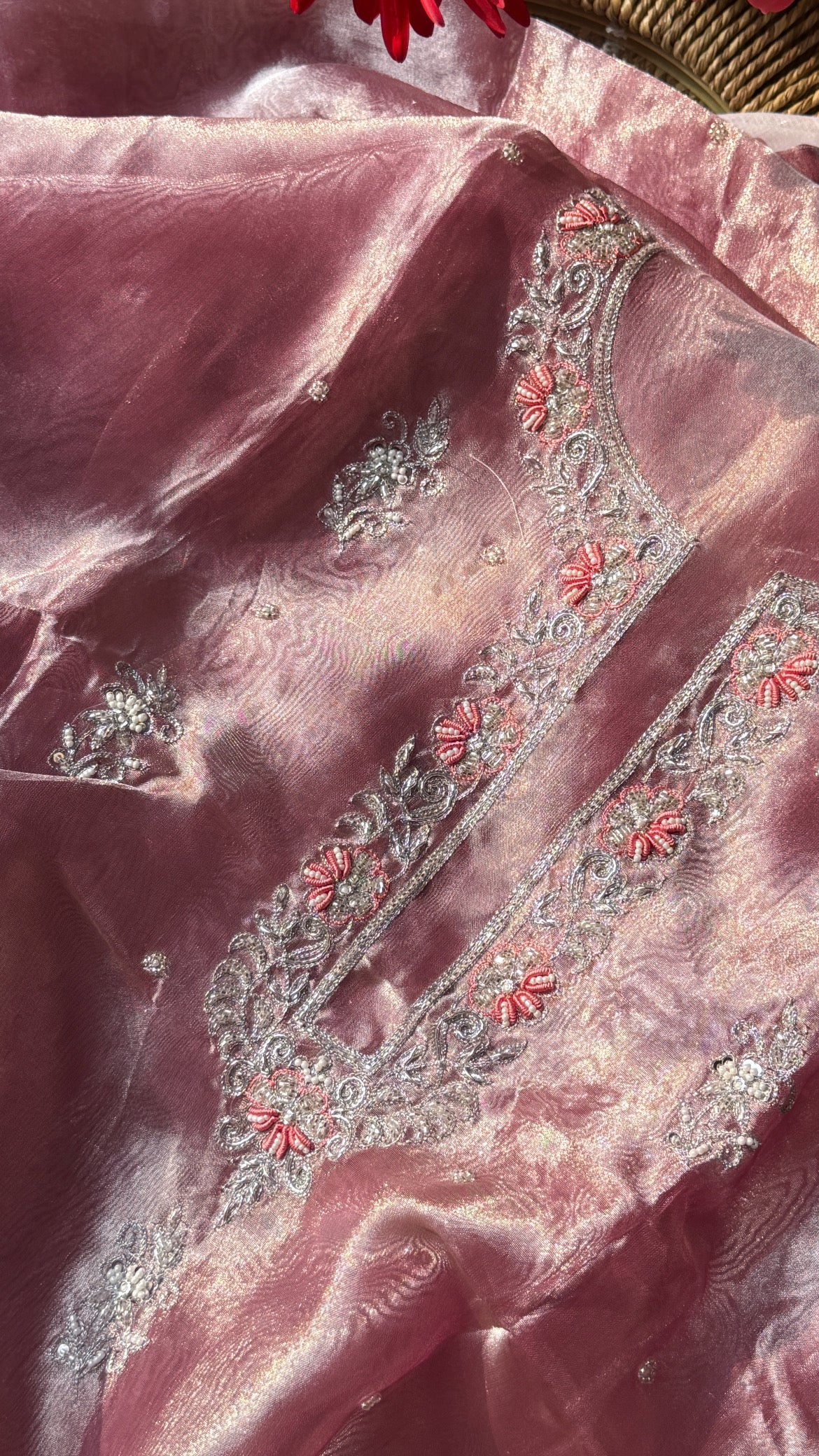 Blush pink diamond tissue silk hand embroidered suit set