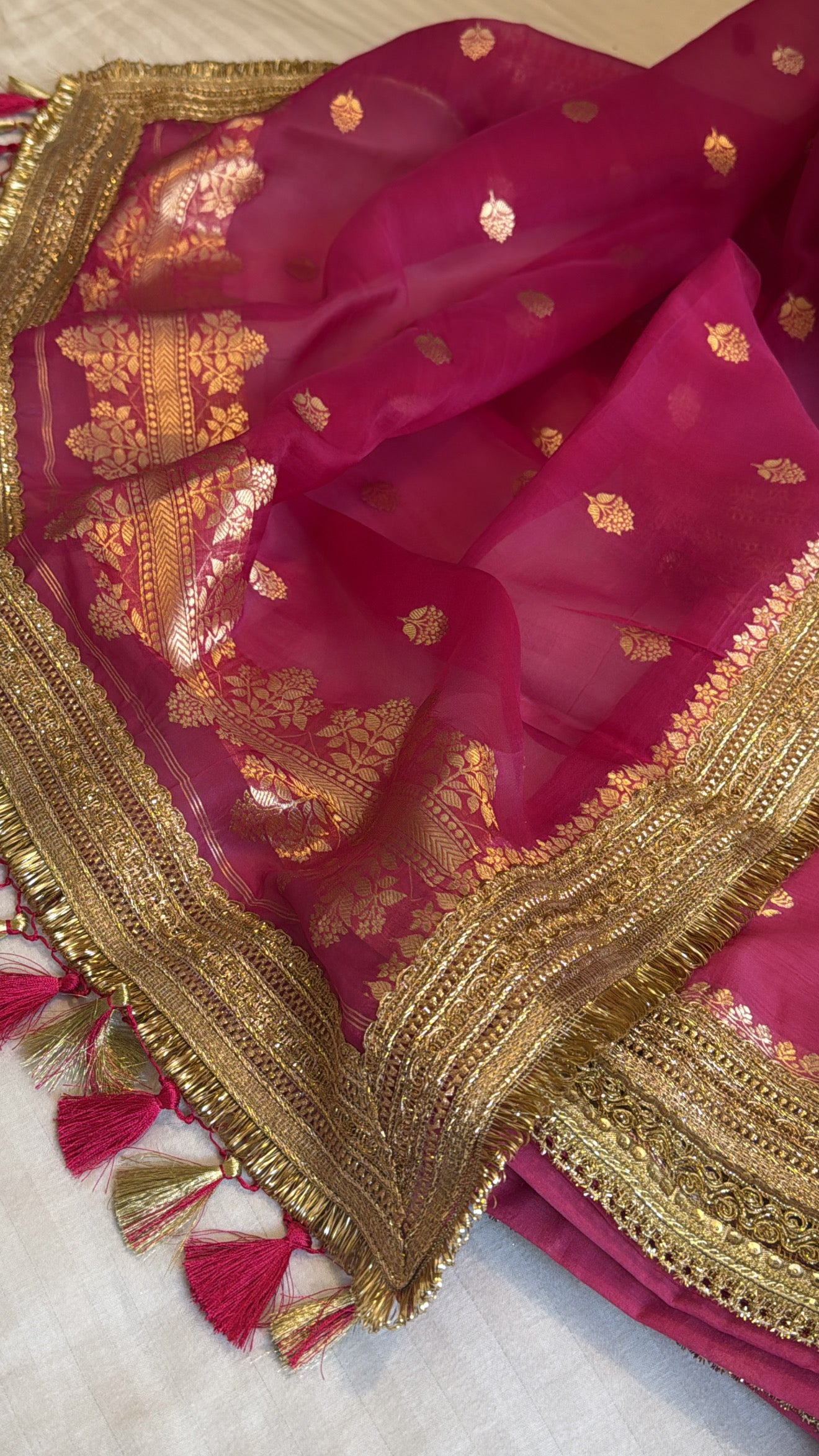 Rani pink kora silk kadhwa gotapatti suit set