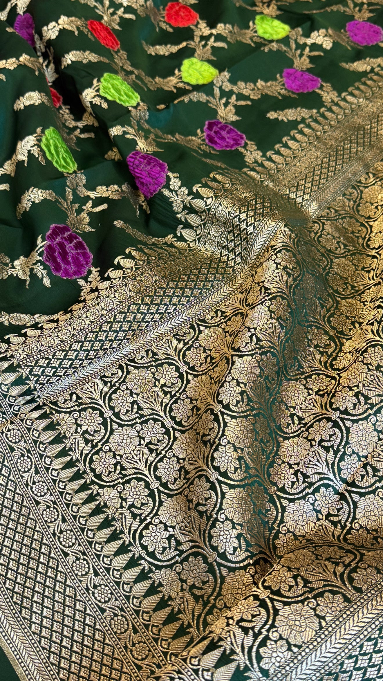 Forest green banarasi mashru silk velvet buti kadhwa weaving saree