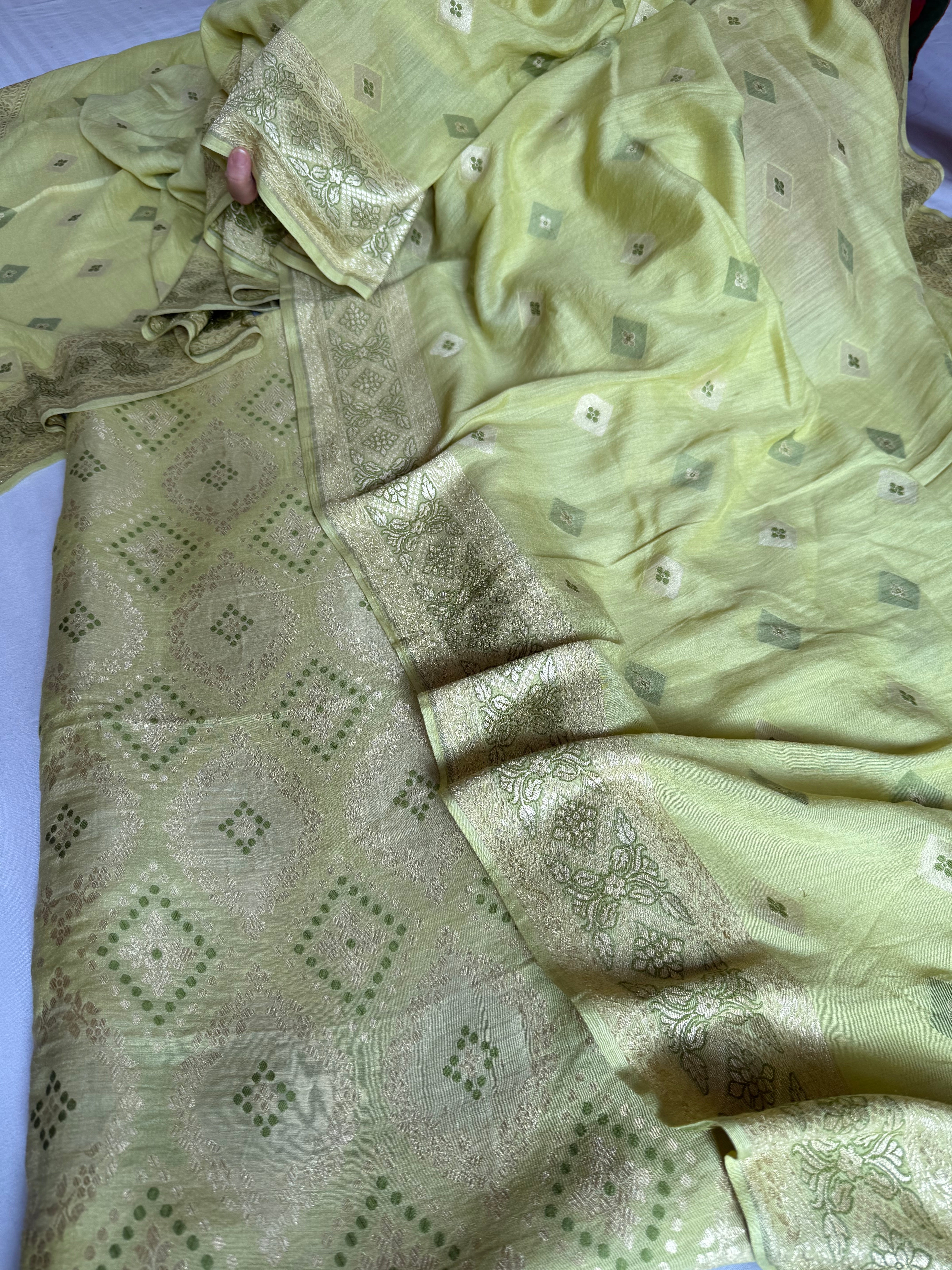 Lime green moonga silk bandhej weaving kadhwa suit set