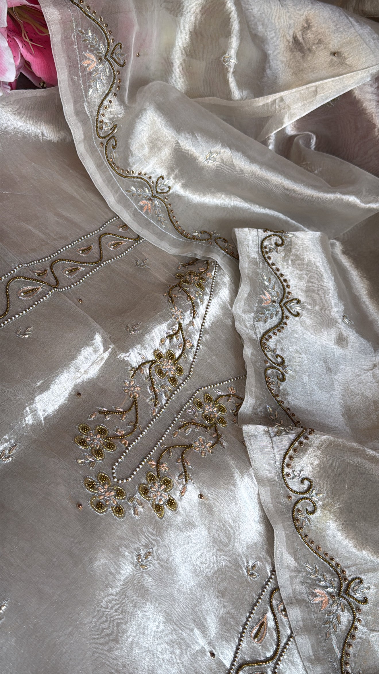 Diamond tissue silk hand embroidered heeramandi kadhwa suit set