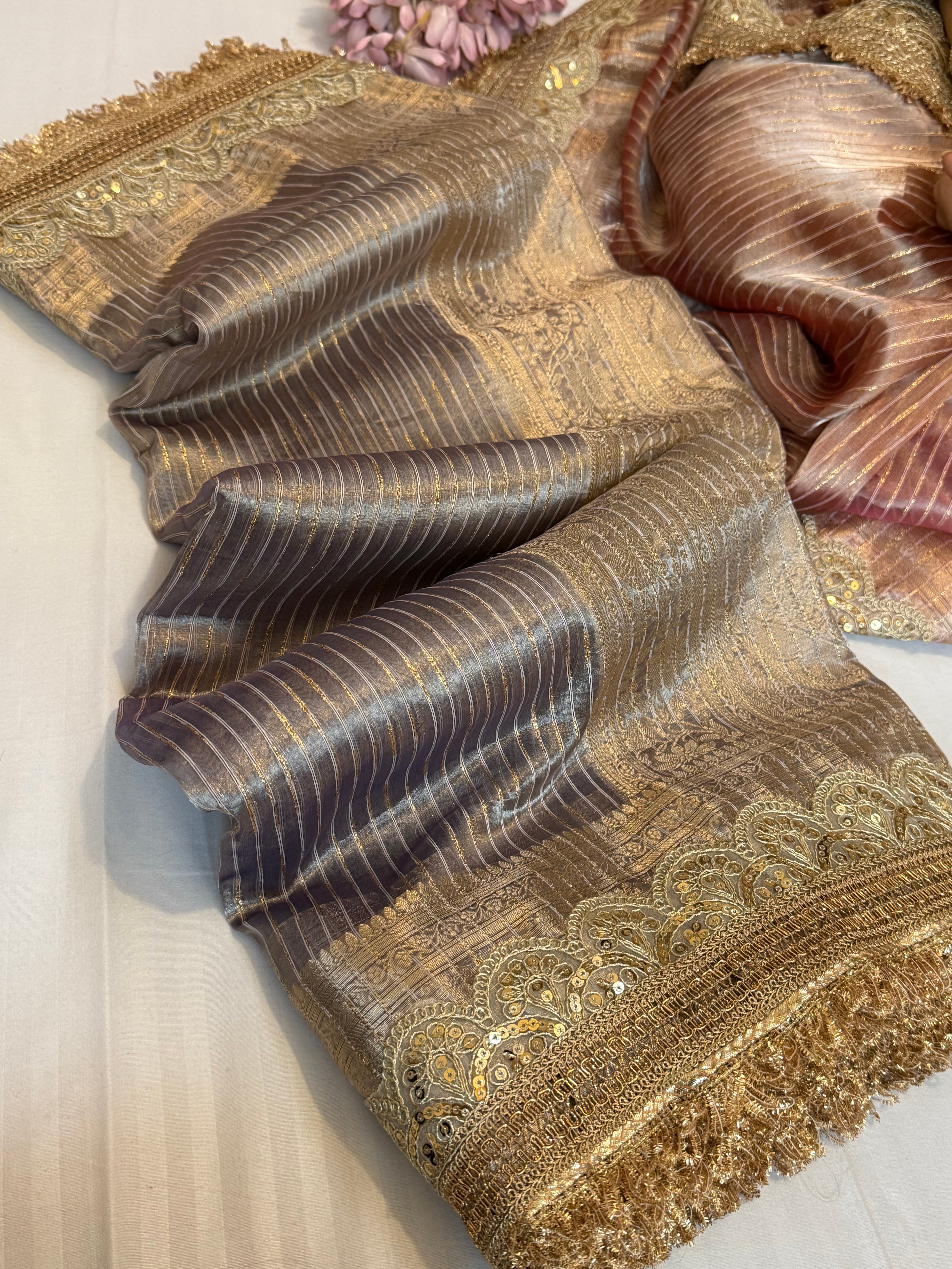 Maharani rang birangi tissue silk zari striped kadhwa saree