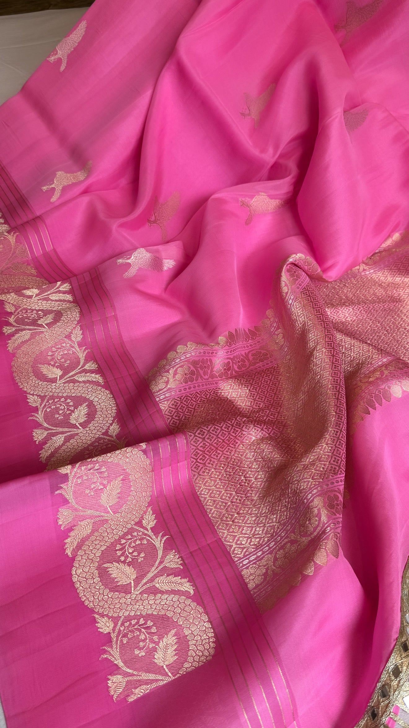 Strawberry pink banarasi kora silk hand embroidered saree