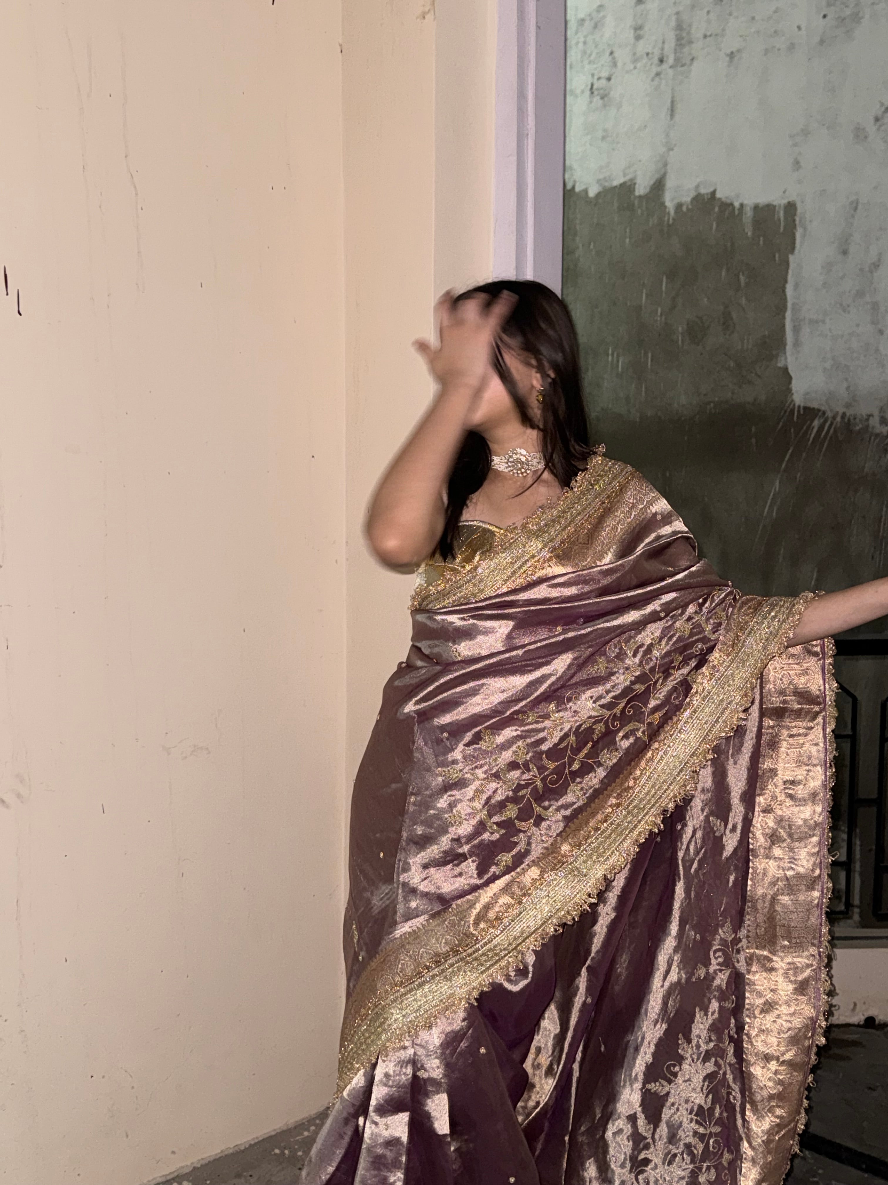 Cocktail wali saree - Dusty lavender tissue silk heavy hand embroidered saree