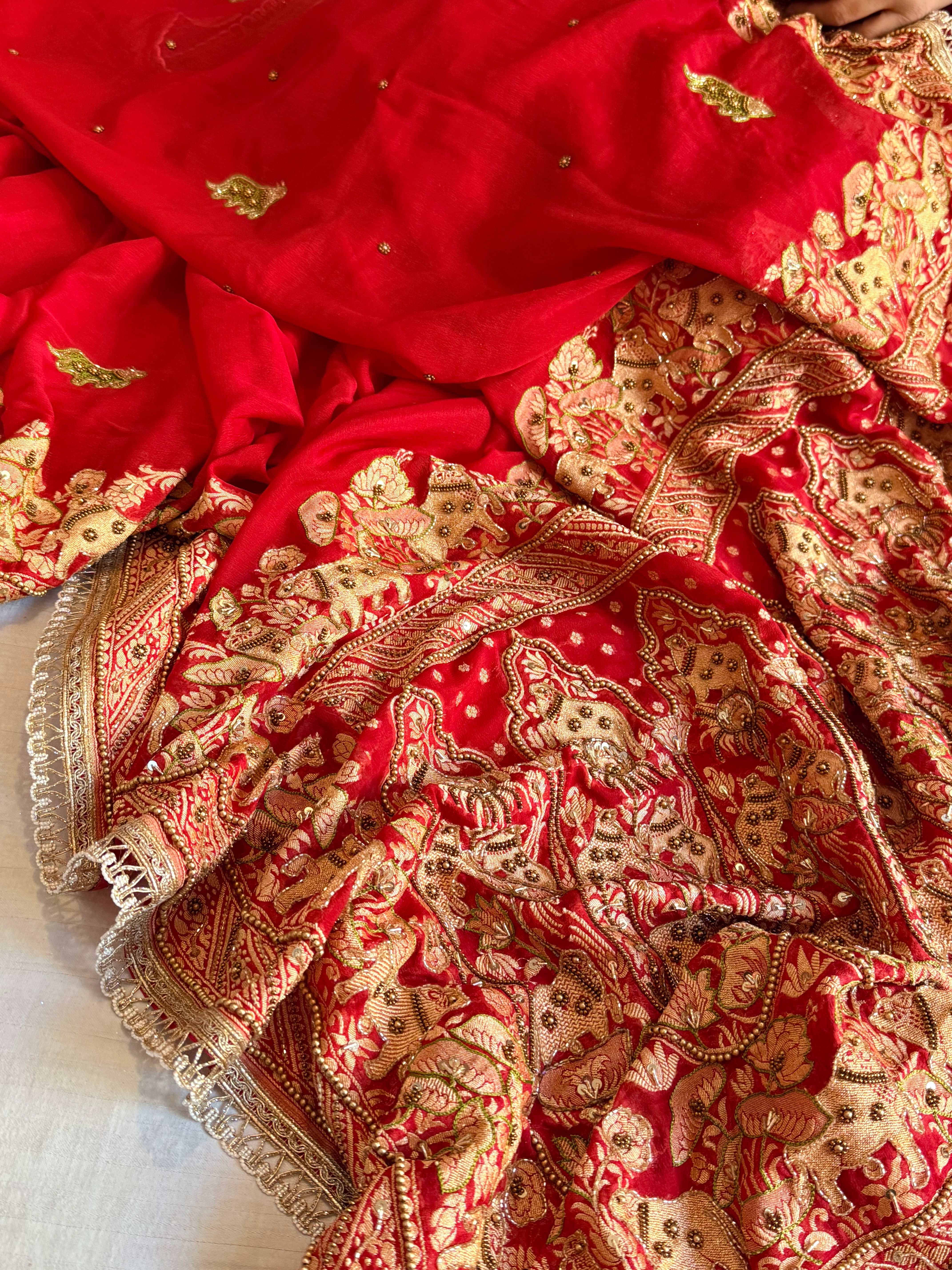 Banarasi chiffon gorgette deep red hand embroidered kadhwa saree