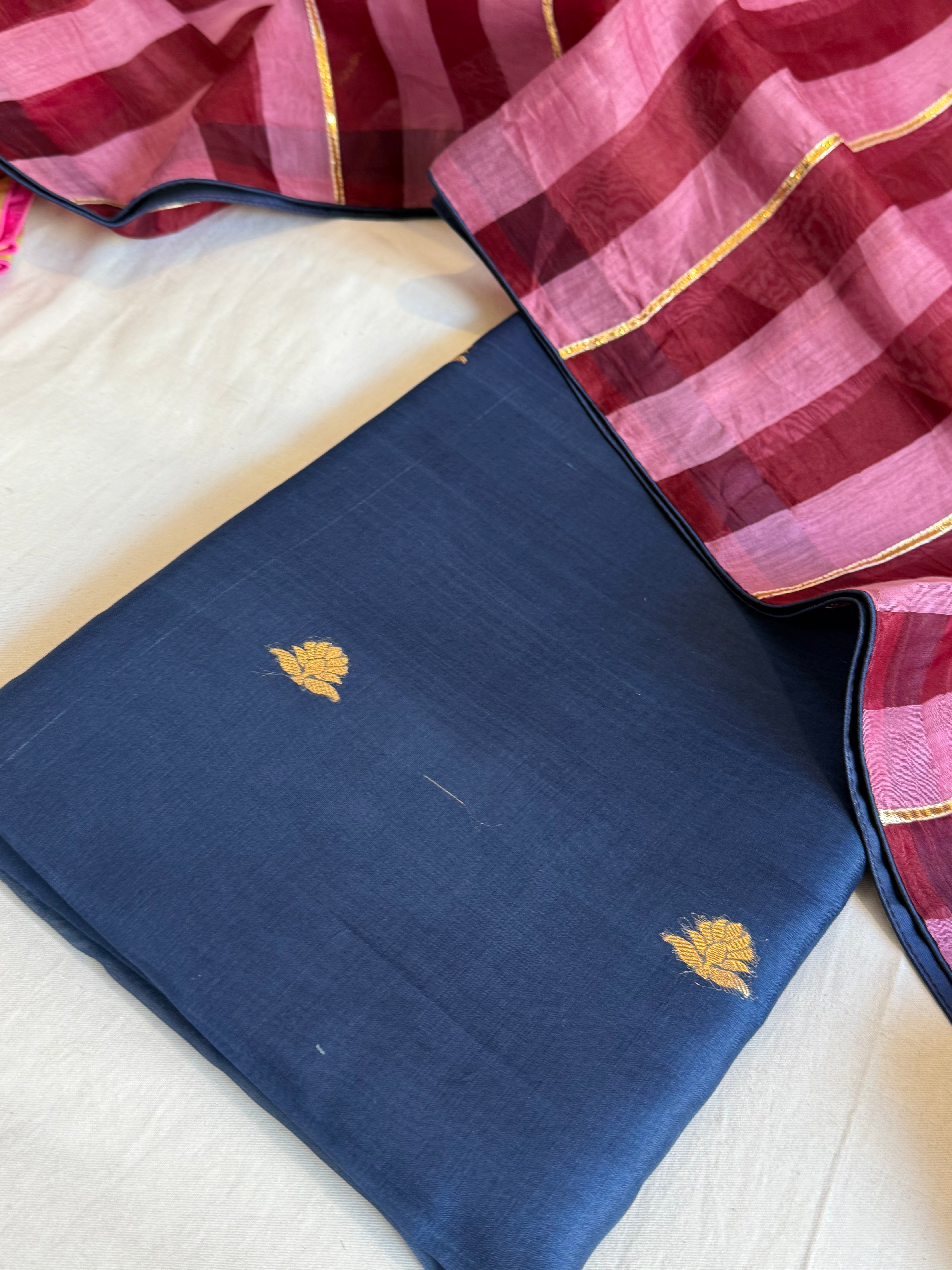 Banarasi kora silk kadhwa striped suit set