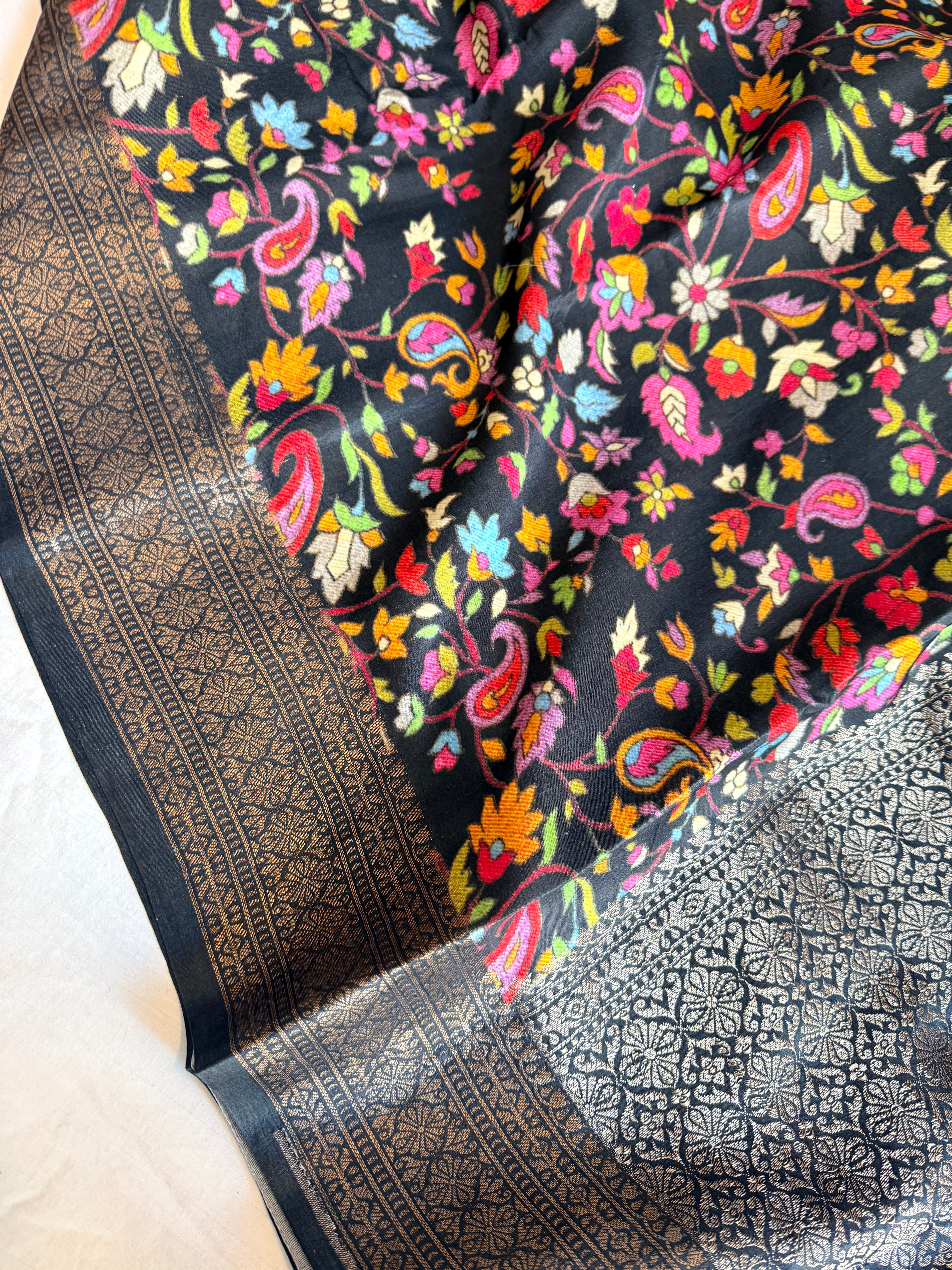 Banarasi mashru satin silk kani weaving printed black saree