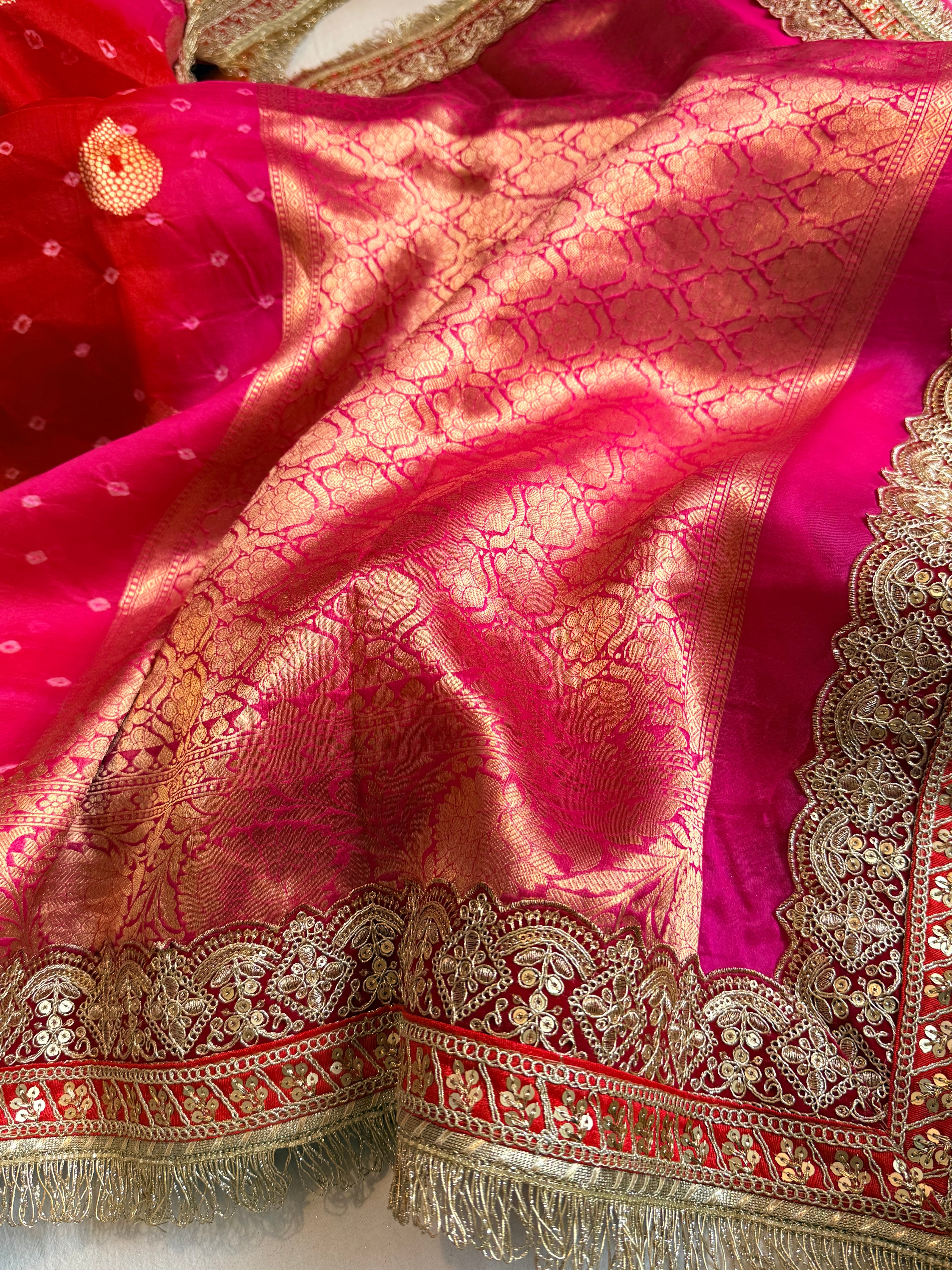 Mayra wali saree - Kora silk bandhej work meenakari gotapatti saree