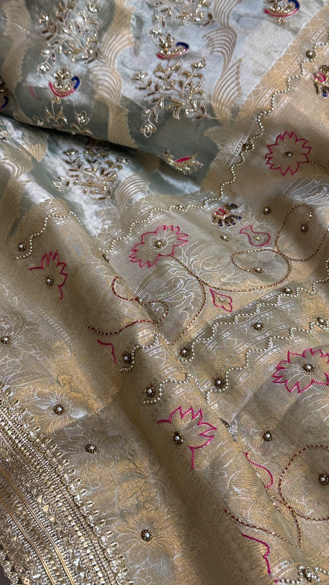 Nayi suhagan edit - Ice water blue tissue silk zardozi and marodi work hand embroidered jaal work saree