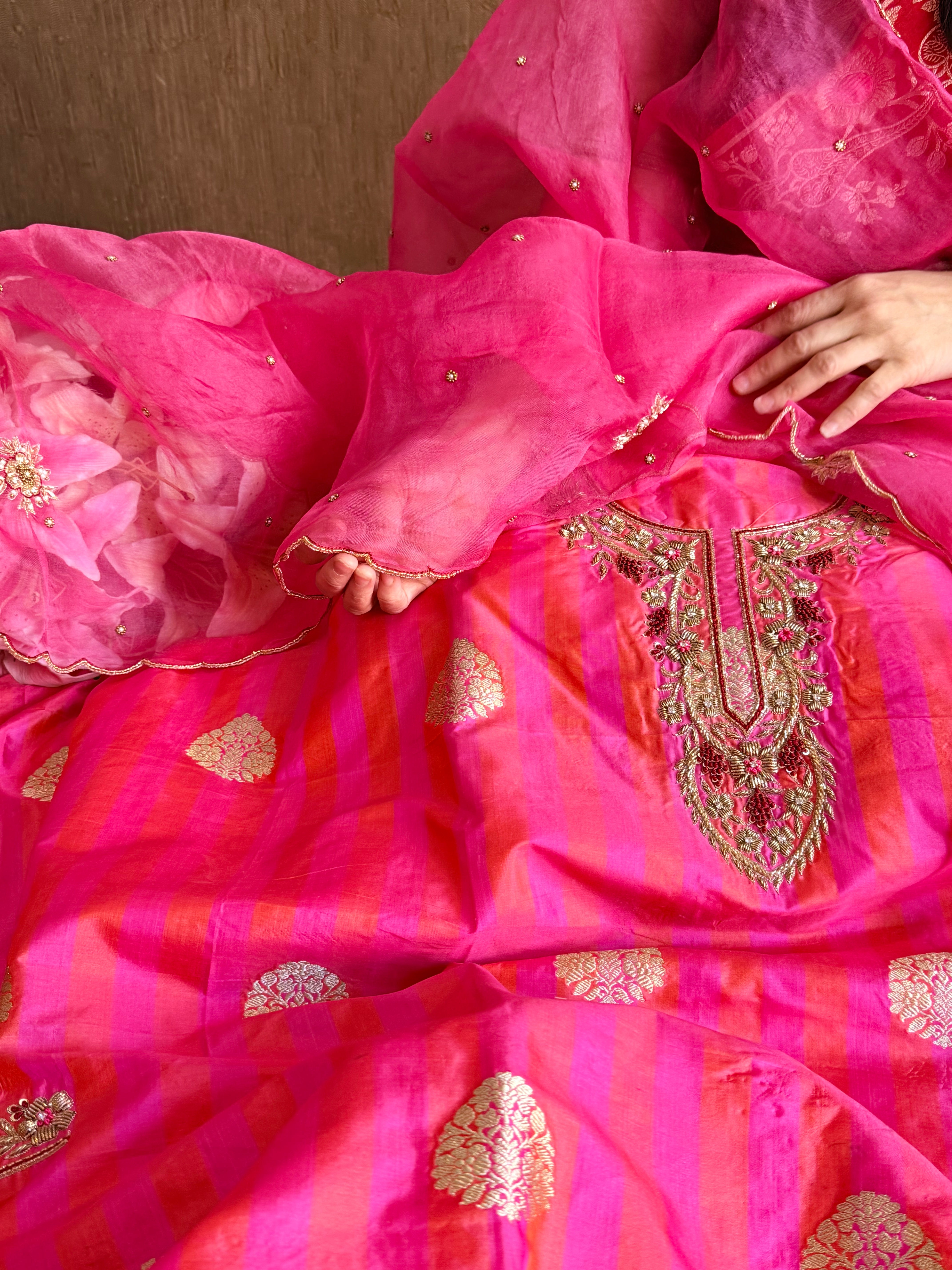 Katan silk kadhwa hand embroidered dhup chao effect suit set