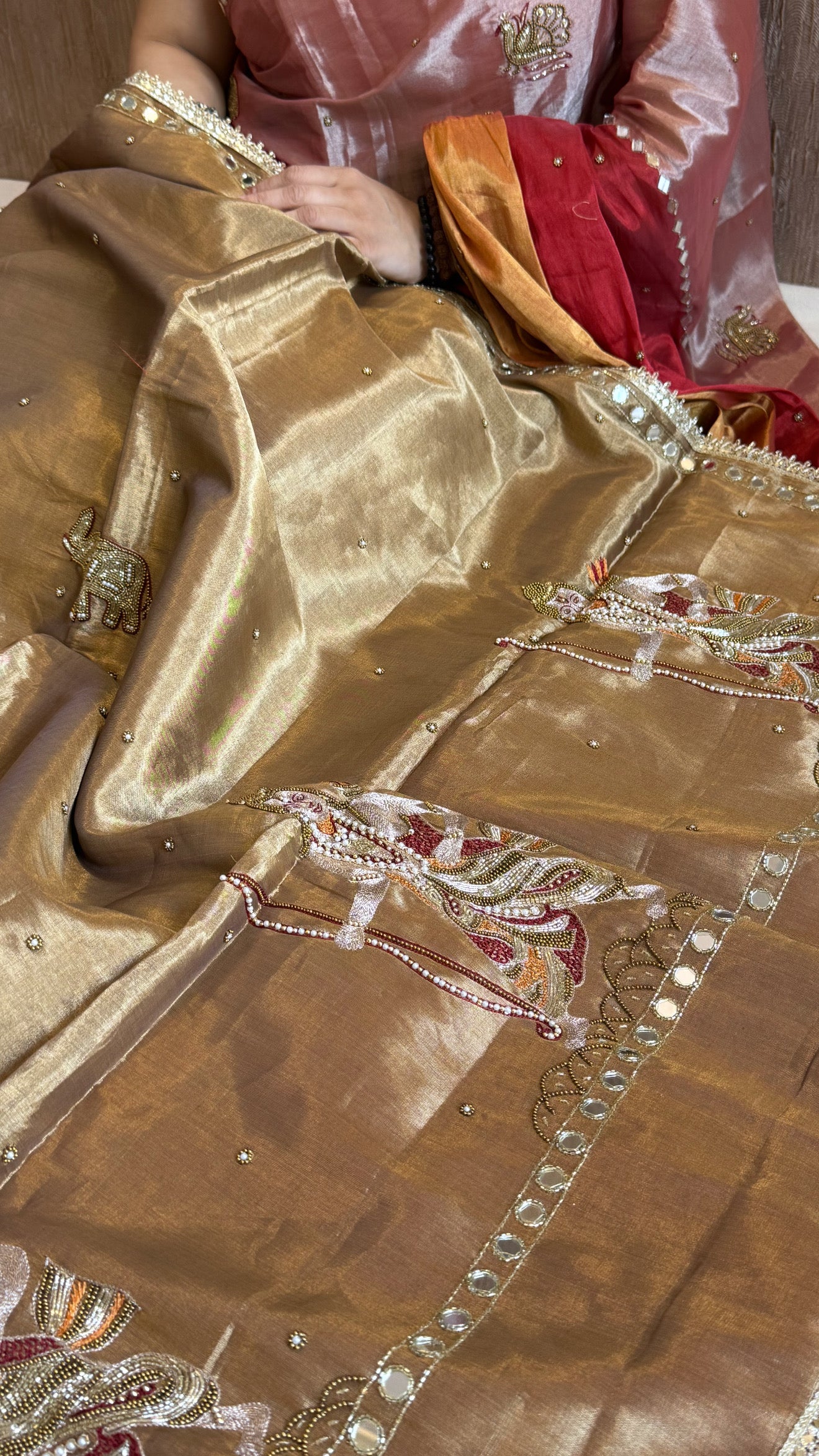 Satin tissue silk antique gold banarasi hand embroidered kadhwa saree