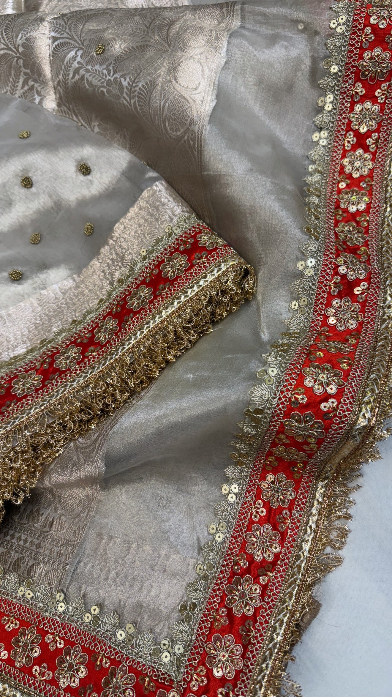 Diamond tissue silk chunri buti hand embroidered panetar saree