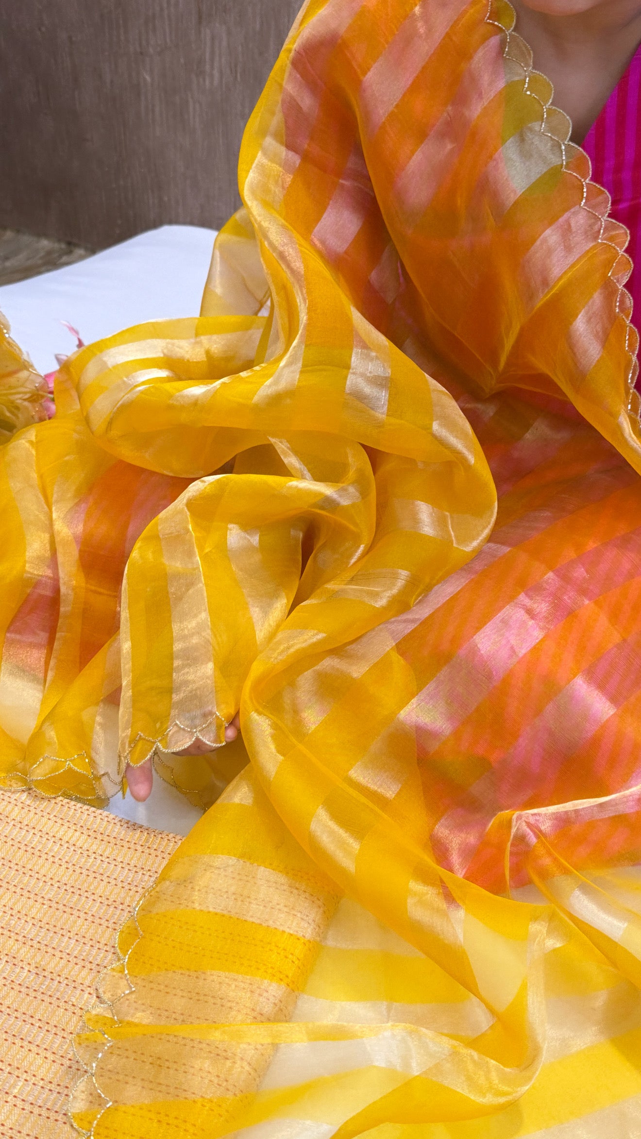 Haldi yellow katan silk brocade kurta paired with kora tissue scalloped striped duppata set