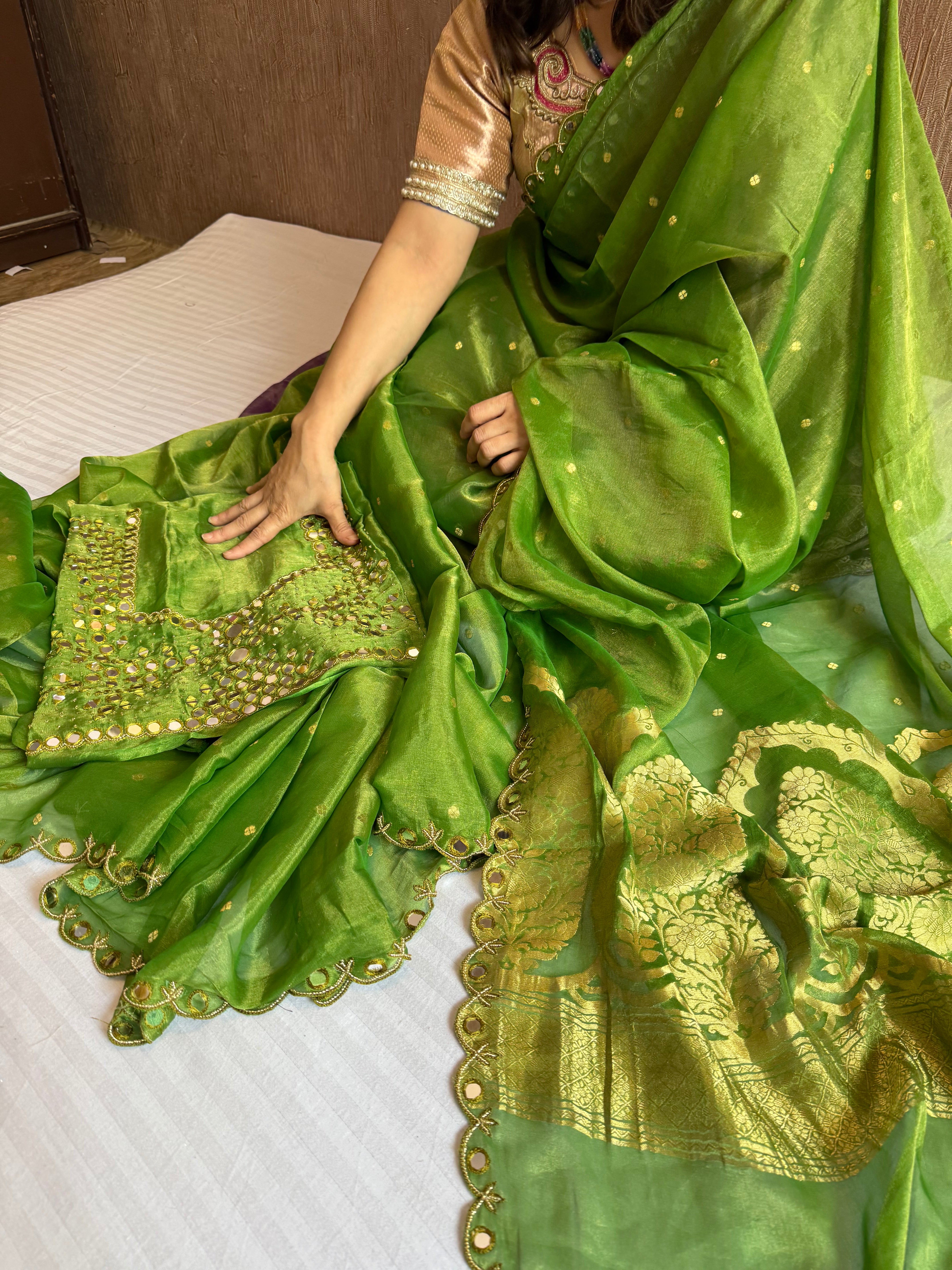 Parrot green tissue gorgette kadhwa mirror hand embroidered saree