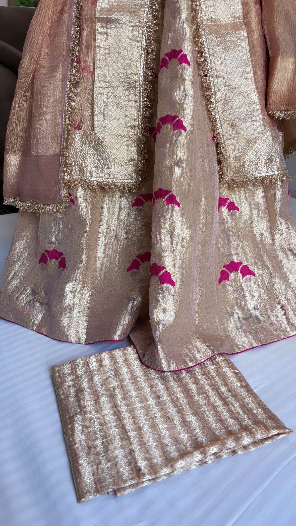 Nude pink tissue silk kali wala lehenga
